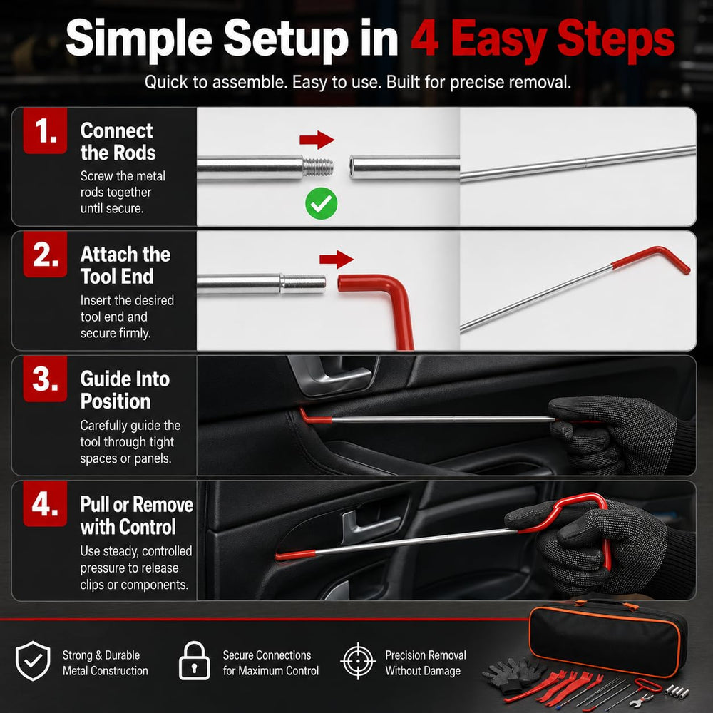 HIGH & SKY long rod in use creating access to a car latch for safe operation