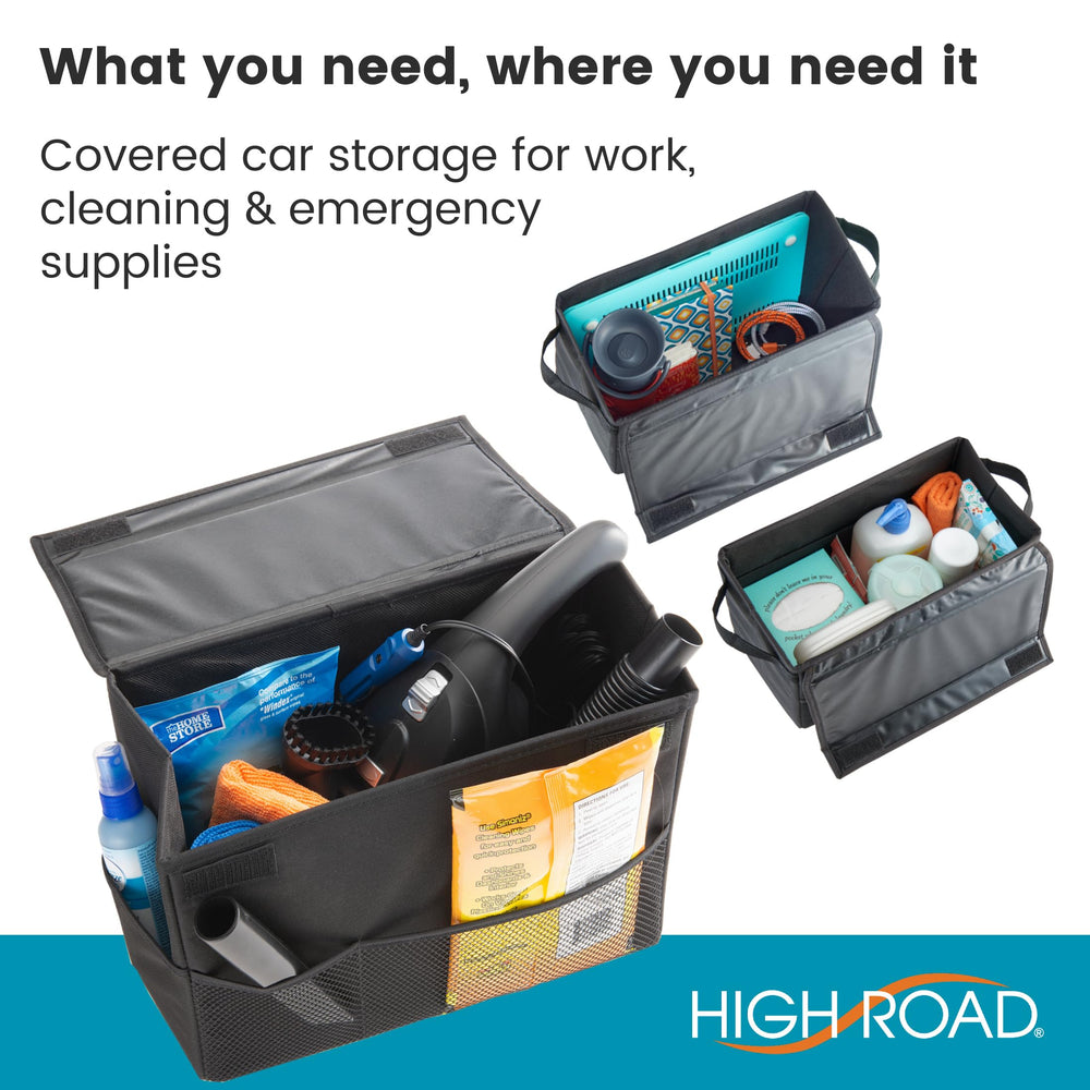 High Road Carganizer size label showing 12x9x6 inches for fit guidance