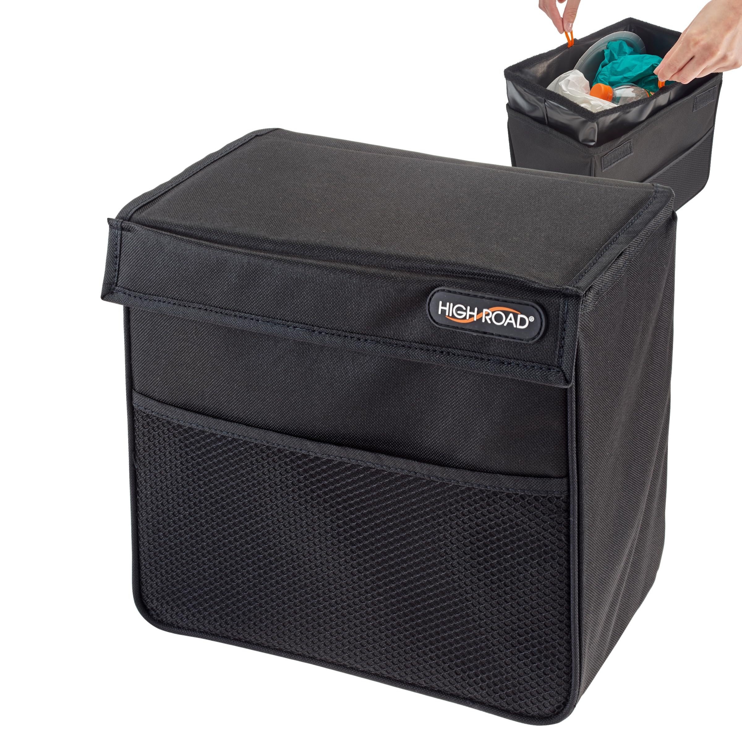 High Road trash can on front passenger floor showing compact fit and tidy interior