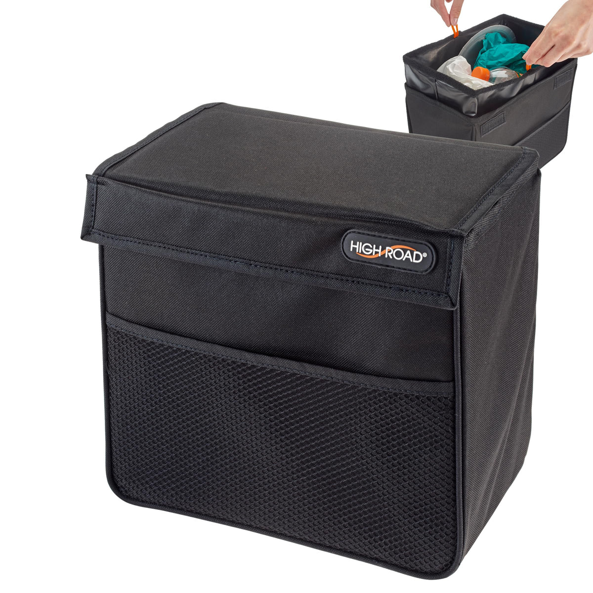 High Road trash can on front passenger floor showing compact fit and tidy interior