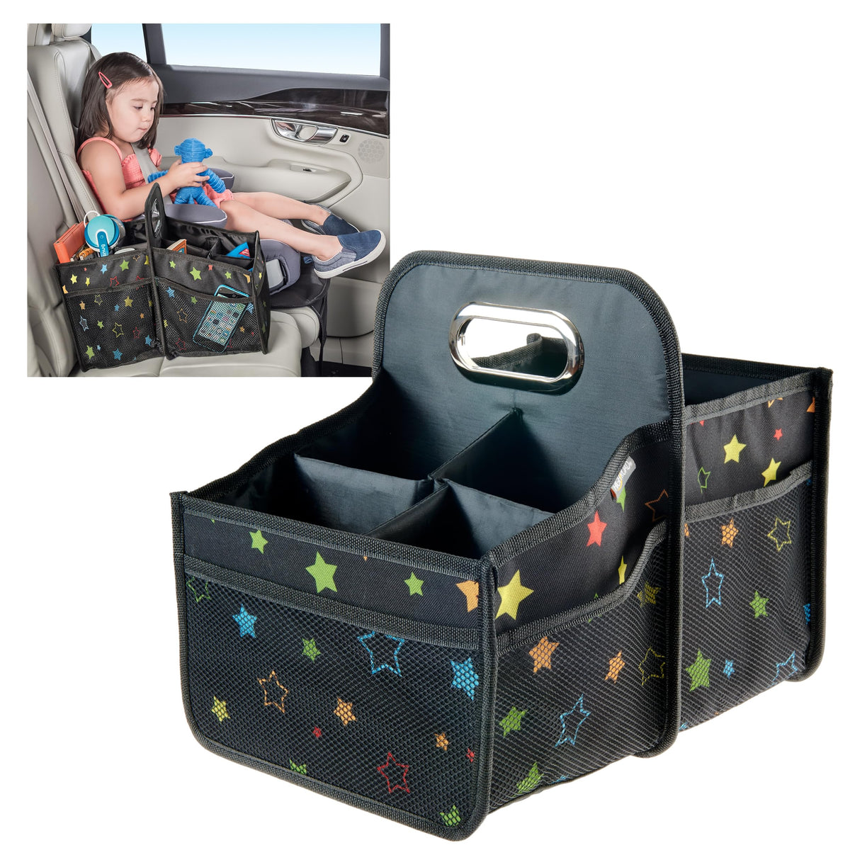 High Road front view of car caddy showing compartments and neat storage benefit