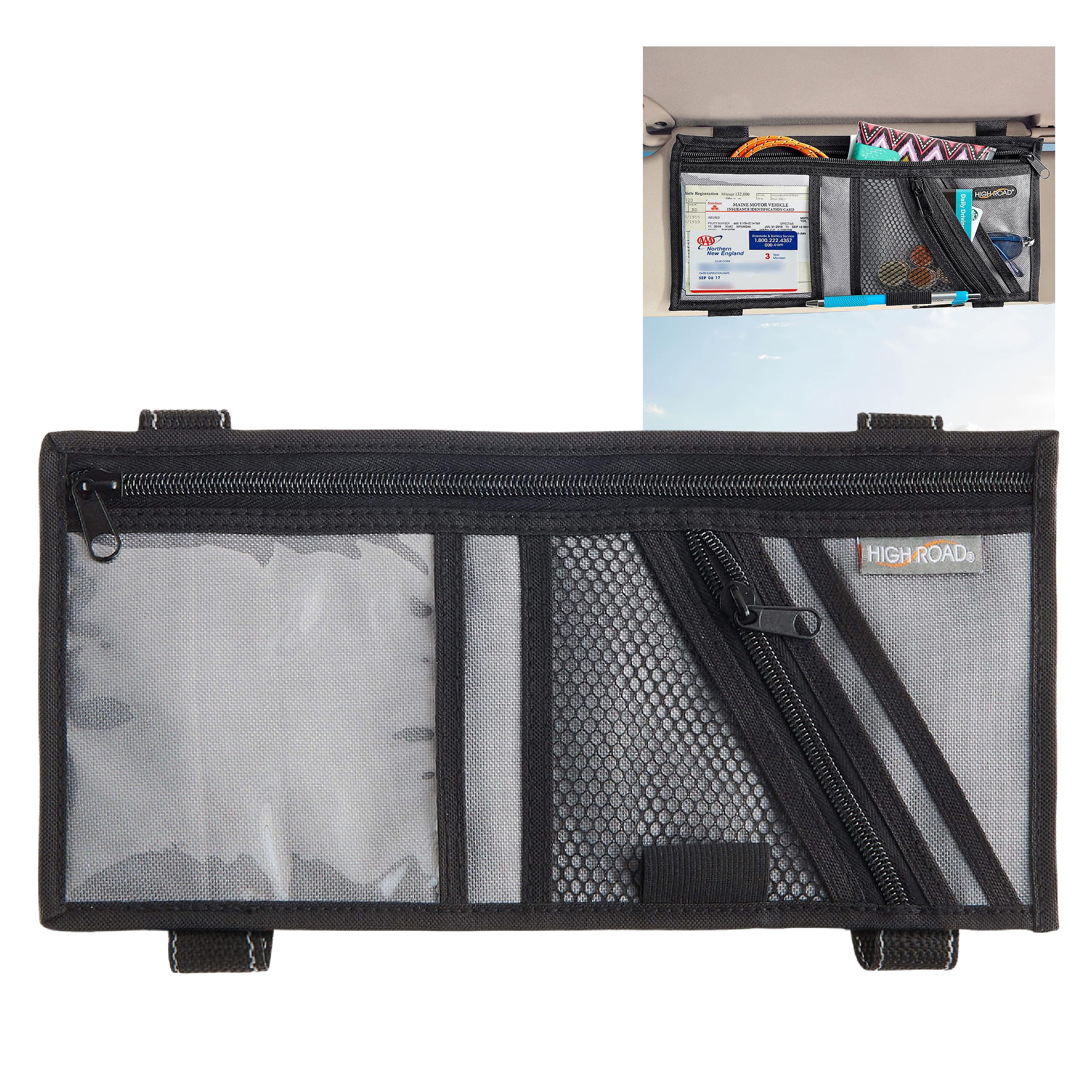 High Road front view visor organizer showing pockets and compact profile for tidy storage