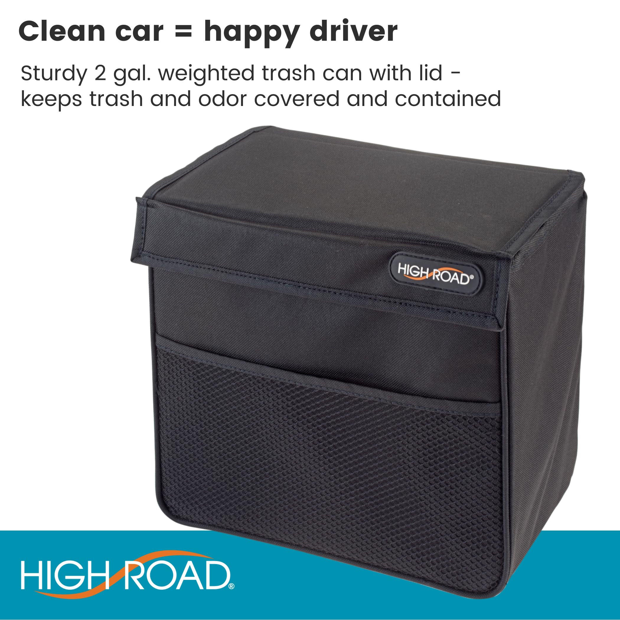 High Road trash can with hinged lid closed keeping waste concealed and odors reduced