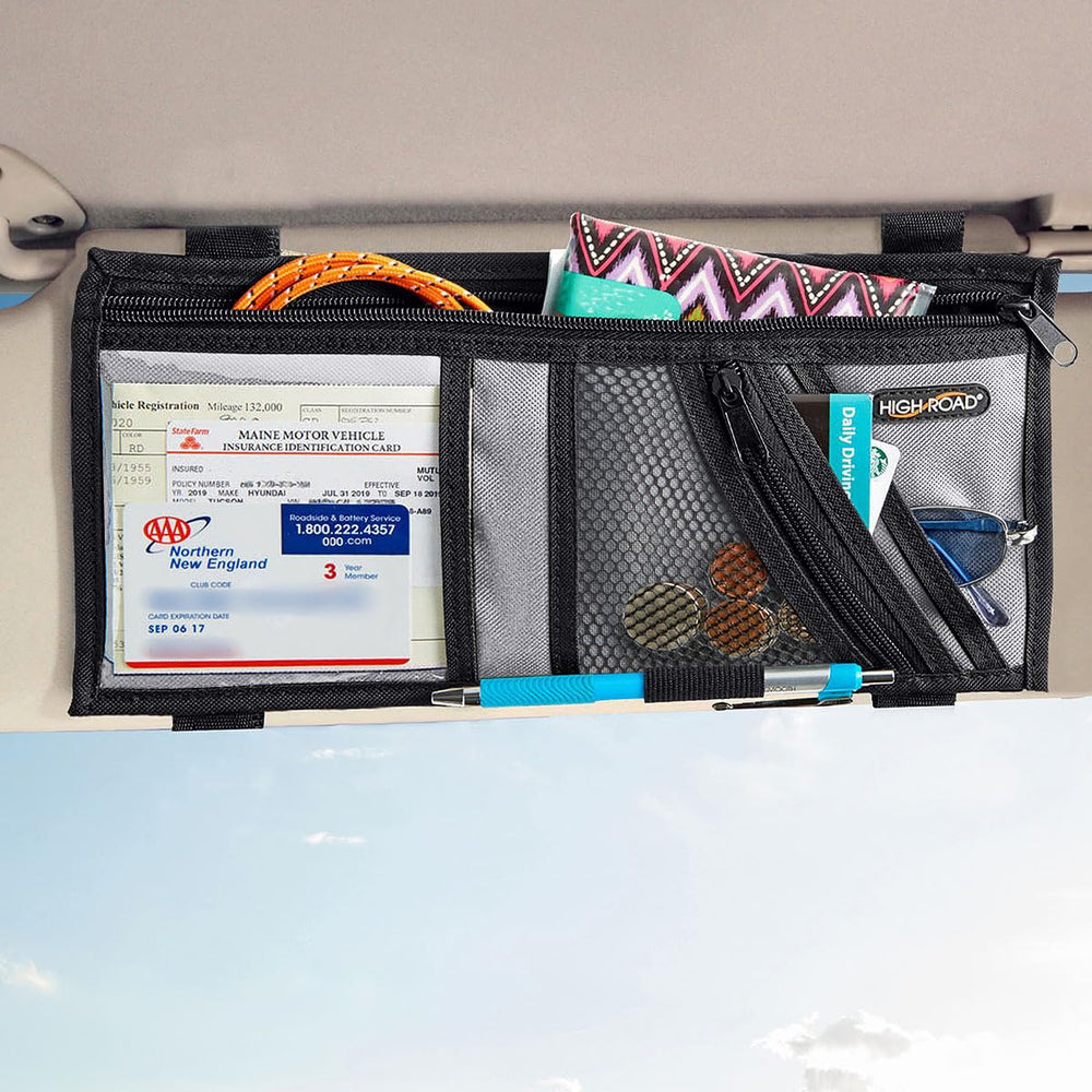 High Road organizer installed on a car visor demonstrating easy access while driving