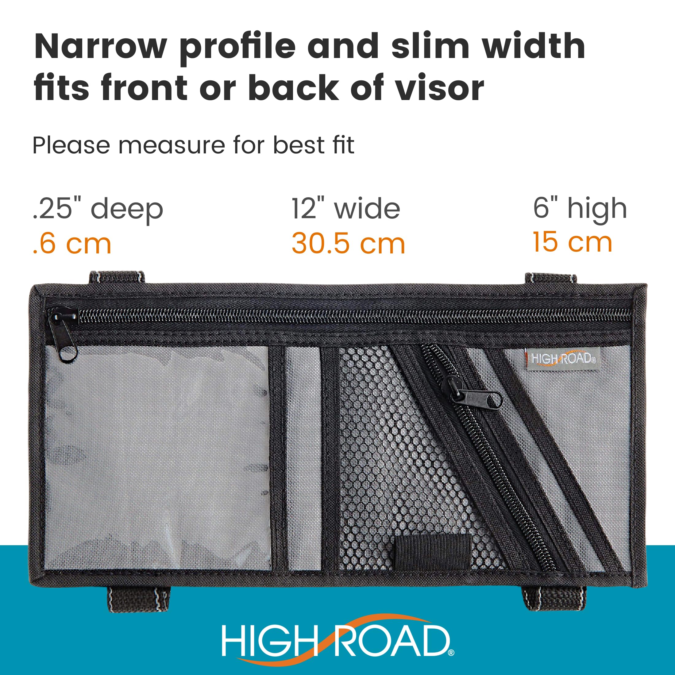 High Road organizer next to a ruler showing compact 6 inch width for universal fit