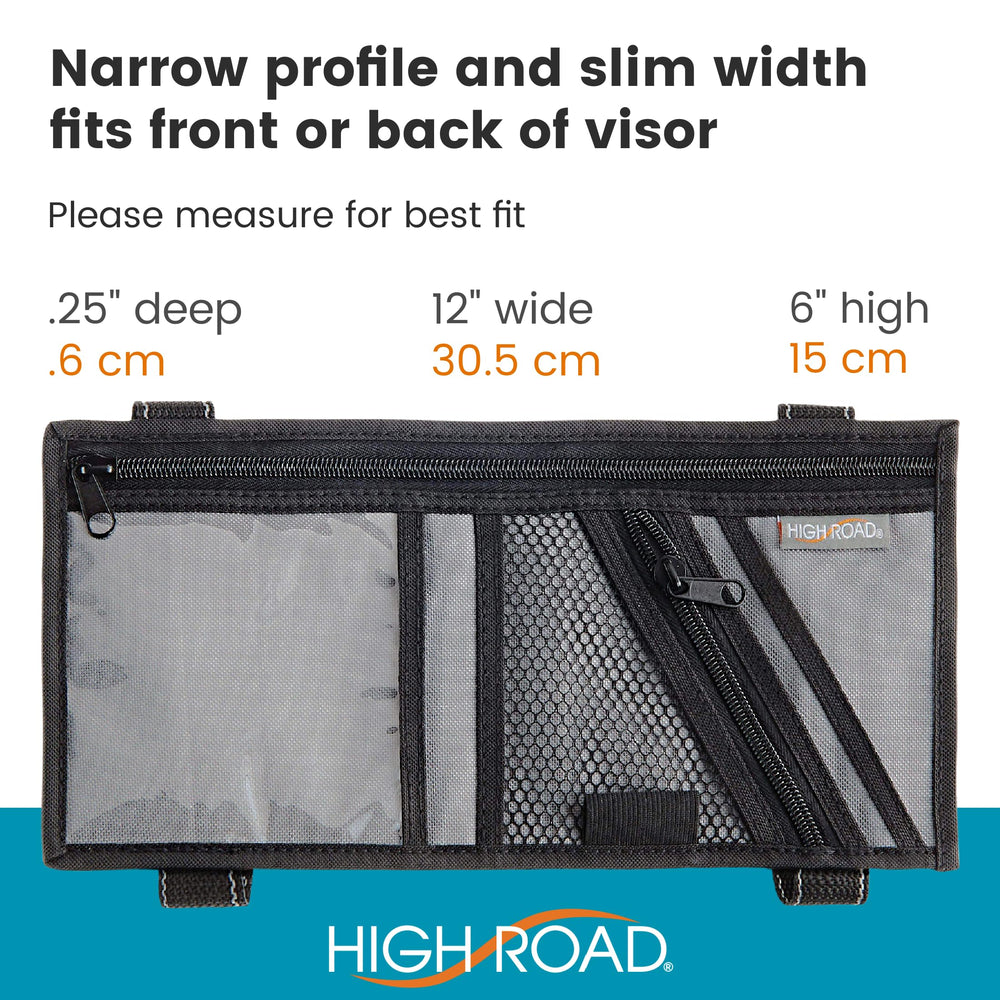 High Road organizer next to a ruler showing compact 6 inch width for universal fit