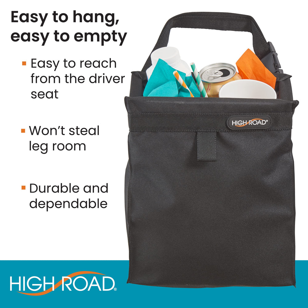 High Road TrashStash hanging on front seat illustrating reachable placement and floor clearance benefit