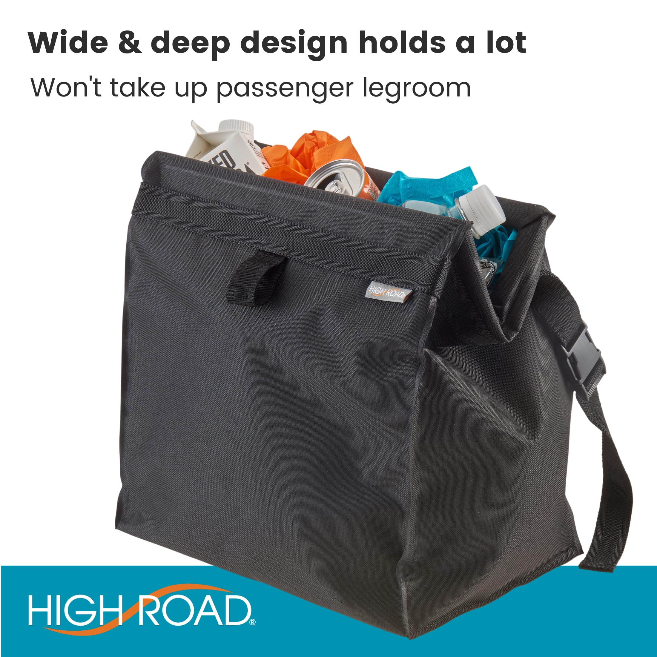 High Road TrashStash hanging on car seatback keeping floor clear and organized benefit