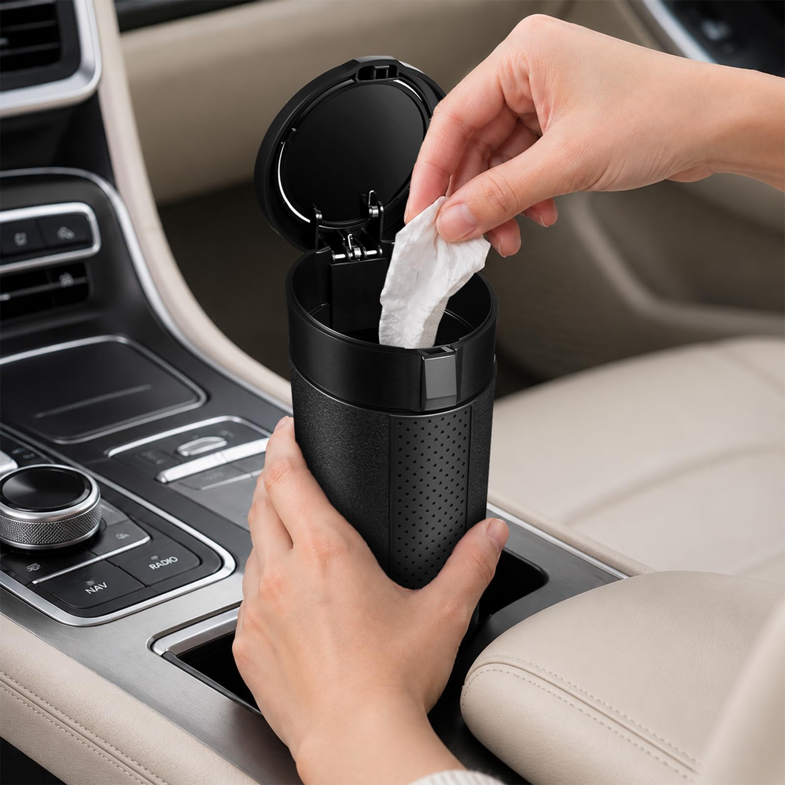 Hiitytin on center console during road trip reducing litter and improving comfort