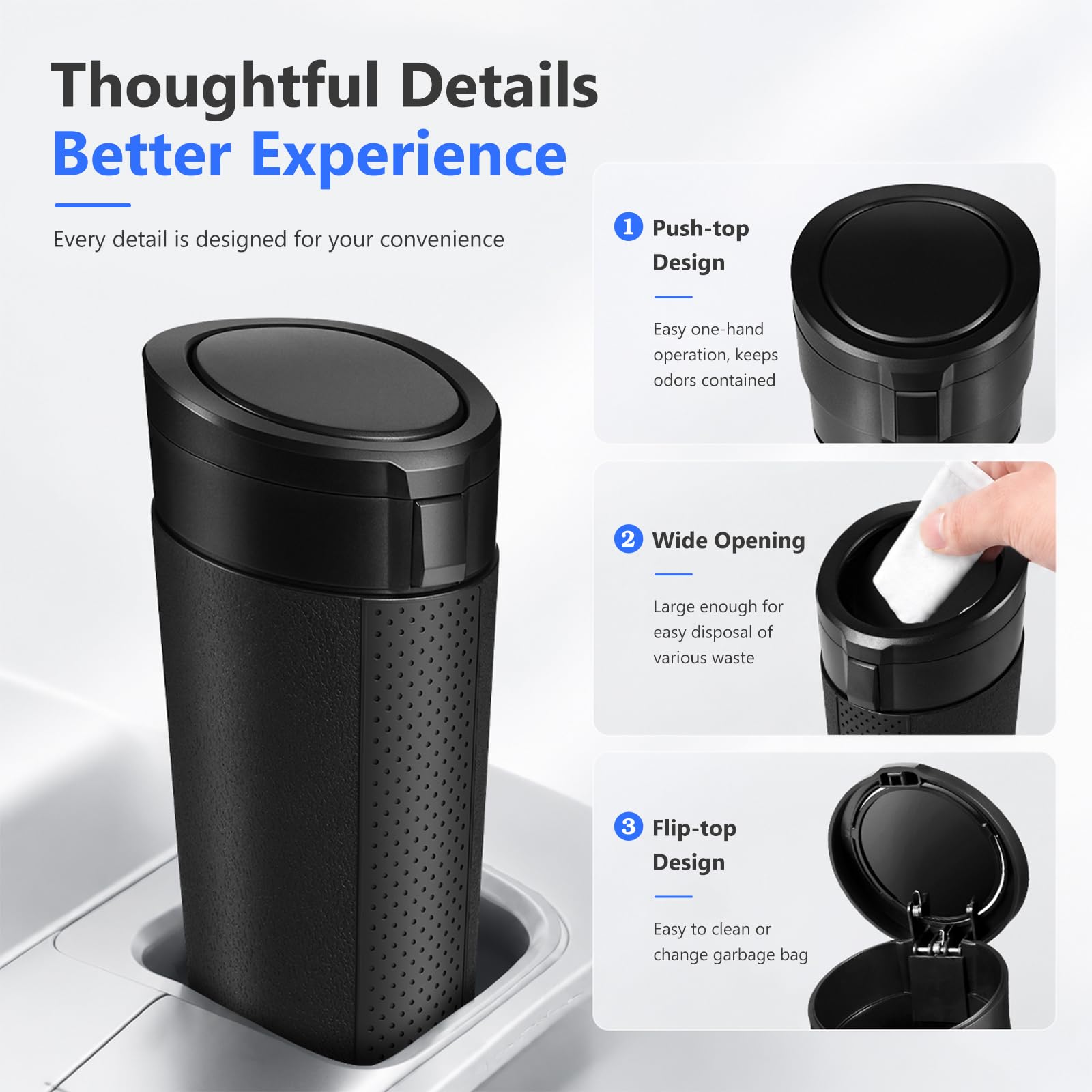 Hiitytin open lid placed in cup holder for easy disposal and hands-free use
