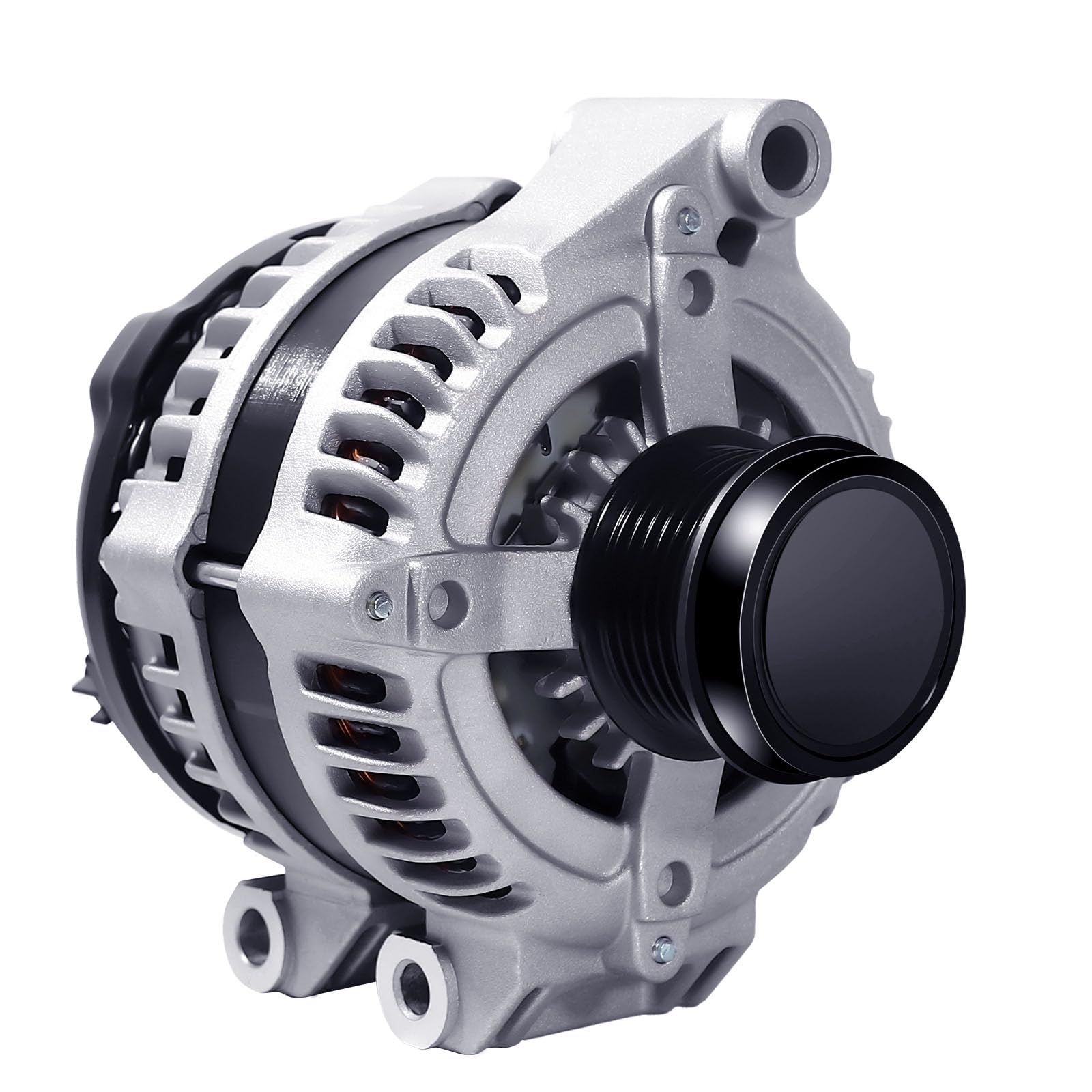 Hikevent front view alternator showing mounting points and polished housing for easy install