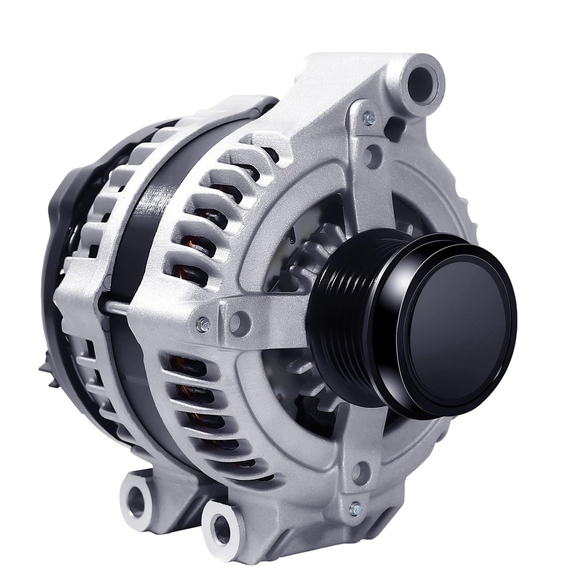 Hikevent front view alternator showing mounting points and polished housing for easy install