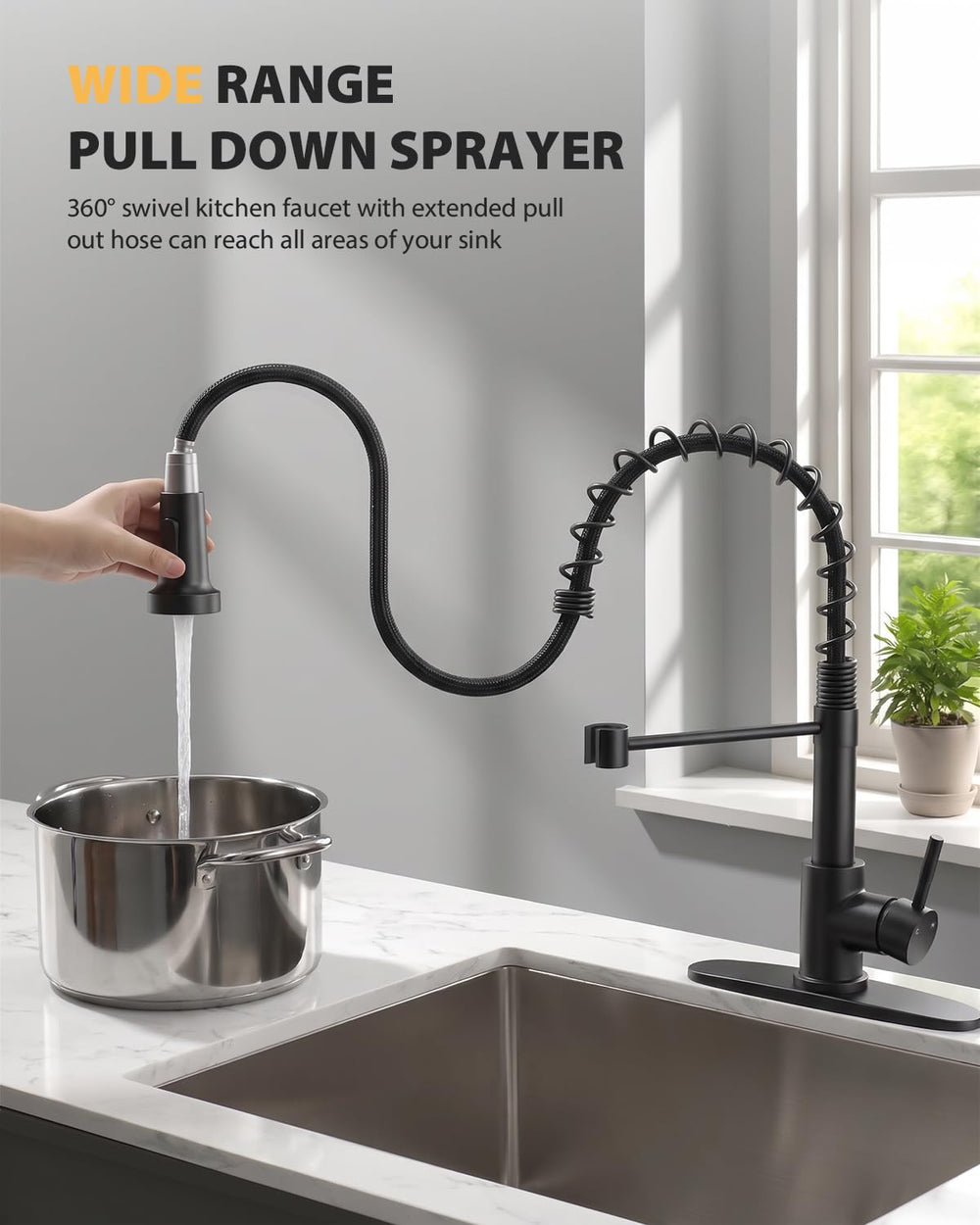 Hiqufet close-up of spout and aerator highlighting splash-free rinsing benefit