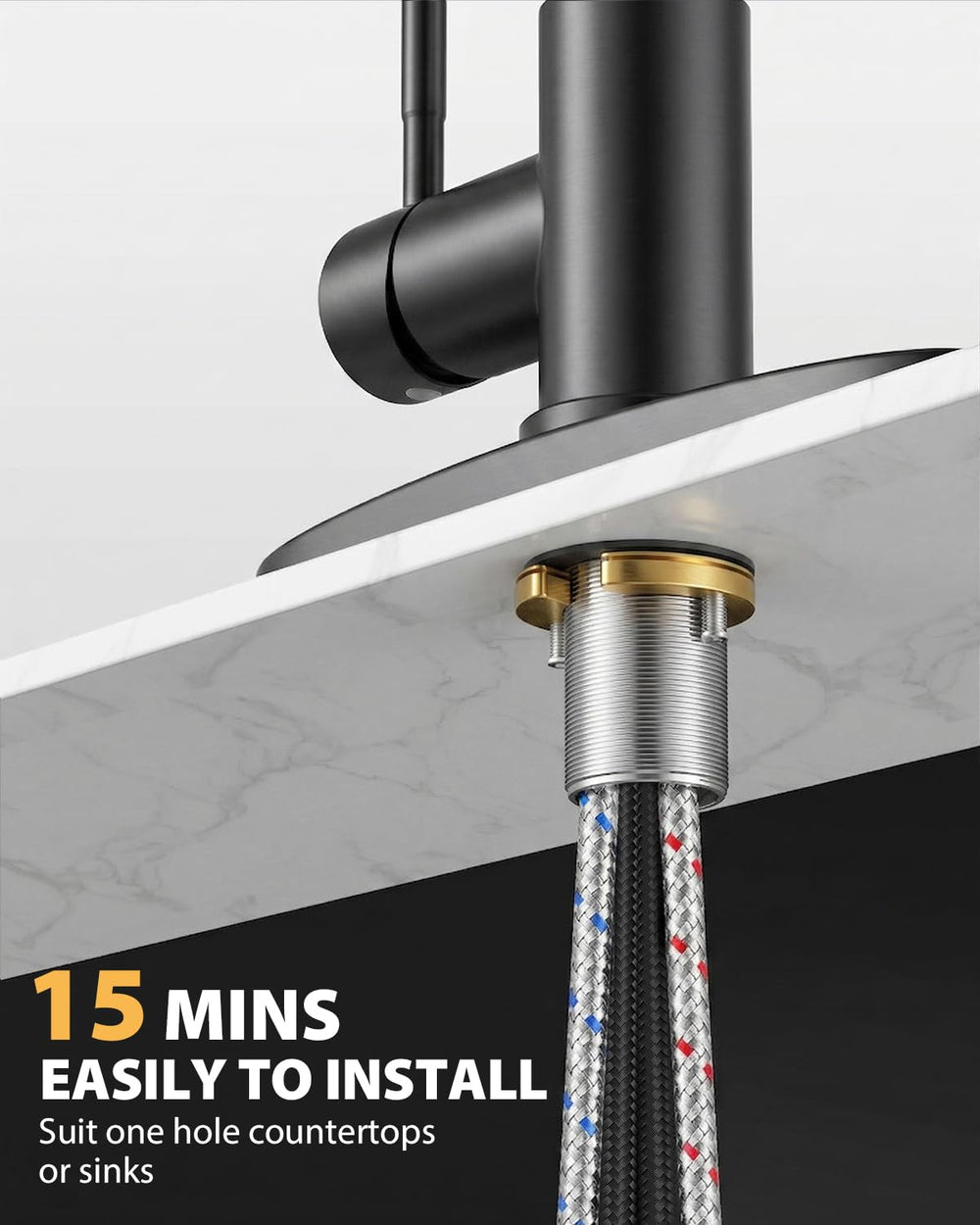 Hiqufet pre-attached hoses and hardware showing tool-free quick installation advantage