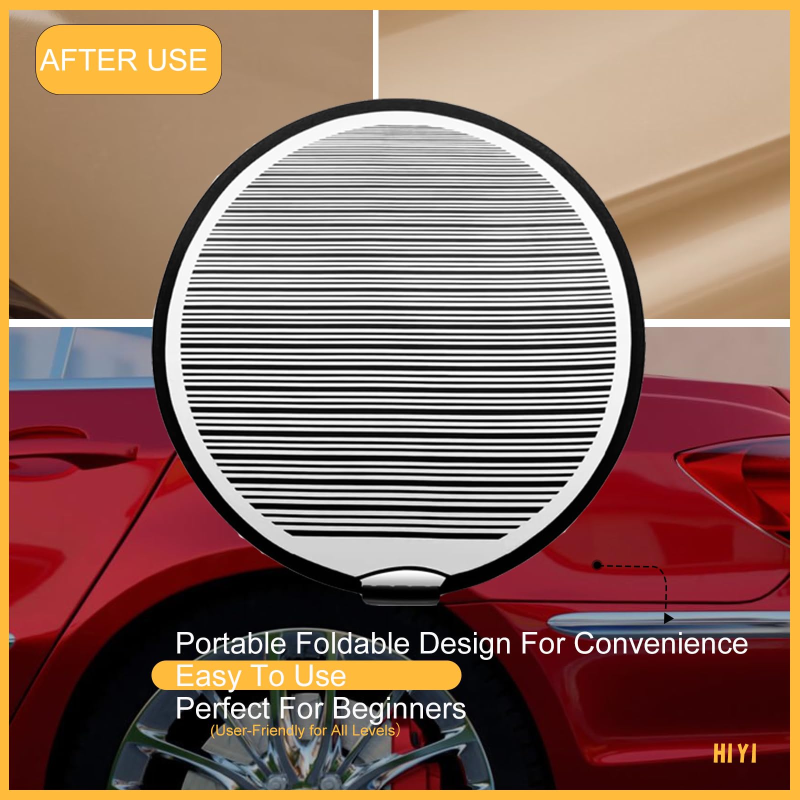 HiYi reflector board positioned on car door guiding precise dent repair