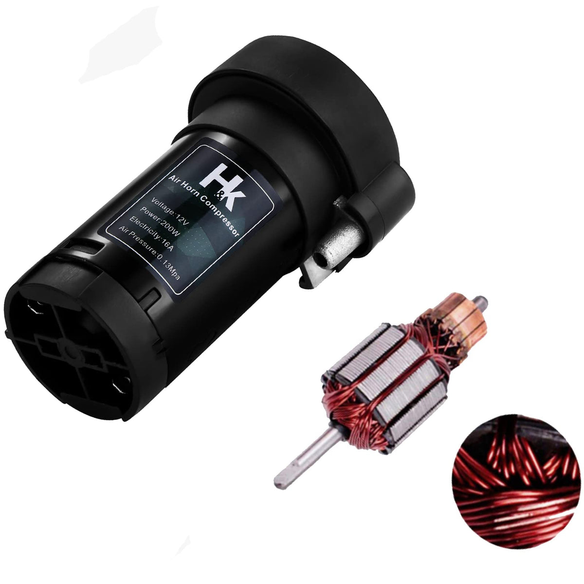 HK compressor front view showing compact body and loud horn benefit