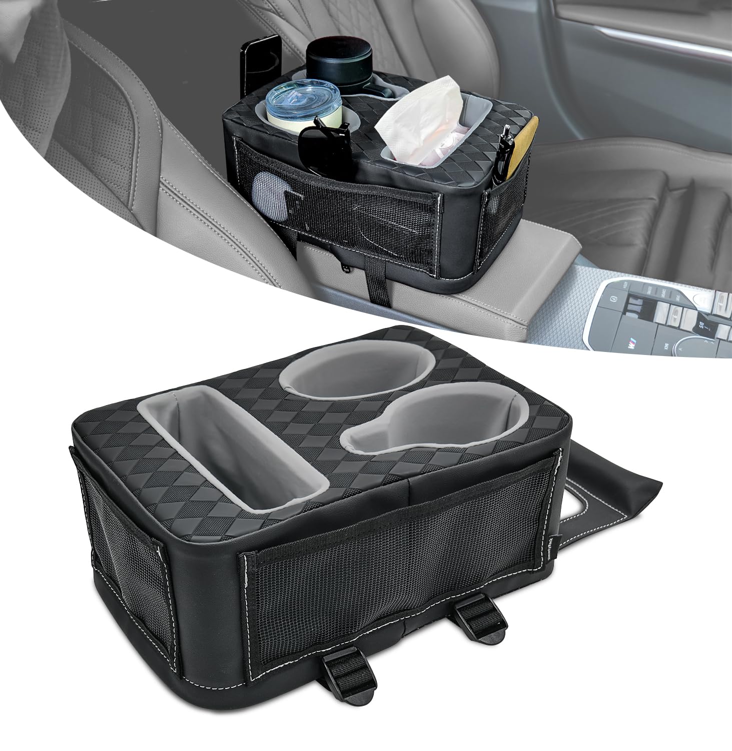 HmmtyRack front view showing cup holders and cushioned armrest for neat storage