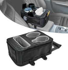 HmmtyRack front view showing cup holders and cushioned armrest for neat storage