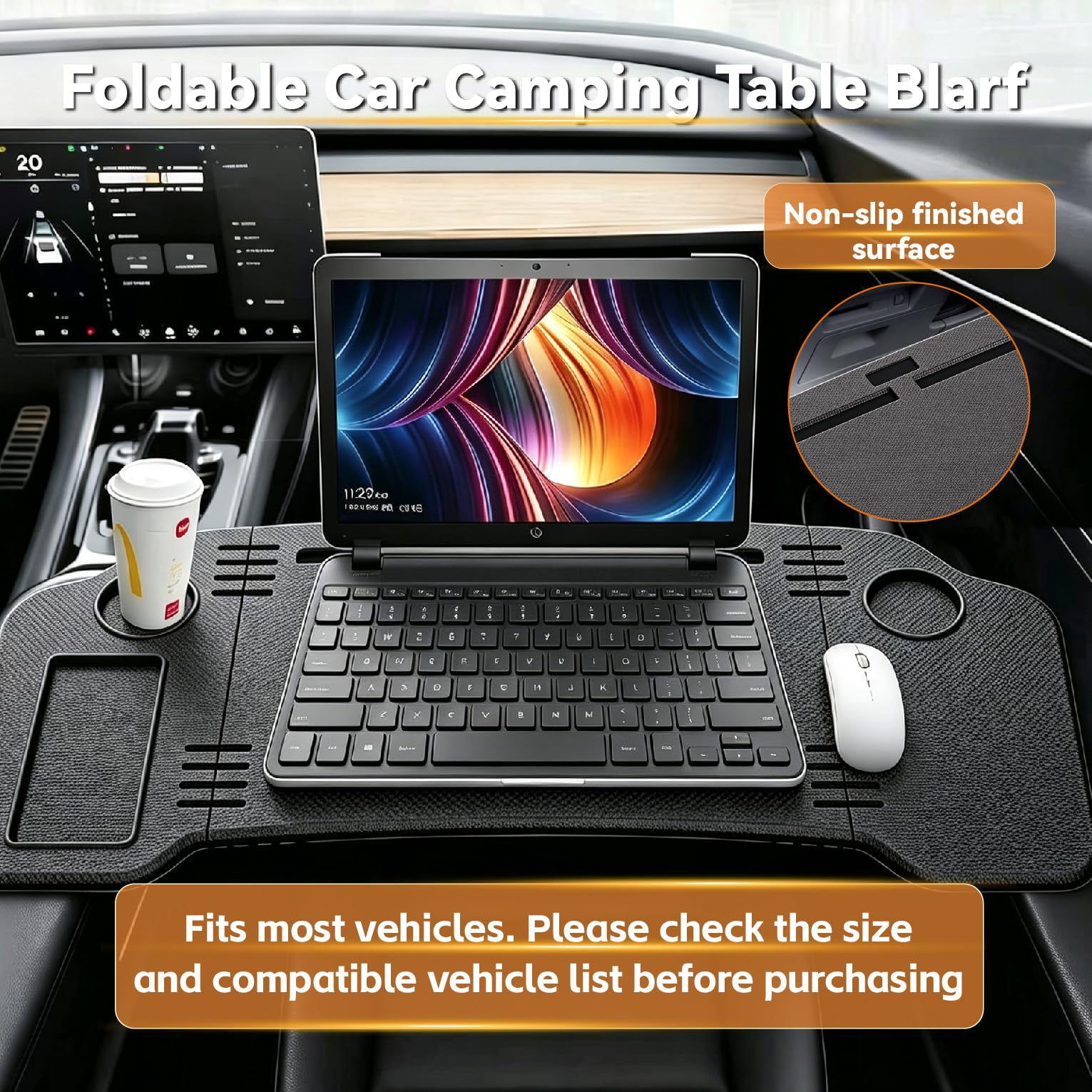 HOACHAN table placed on car armrest highlighting universal fit and convenience
