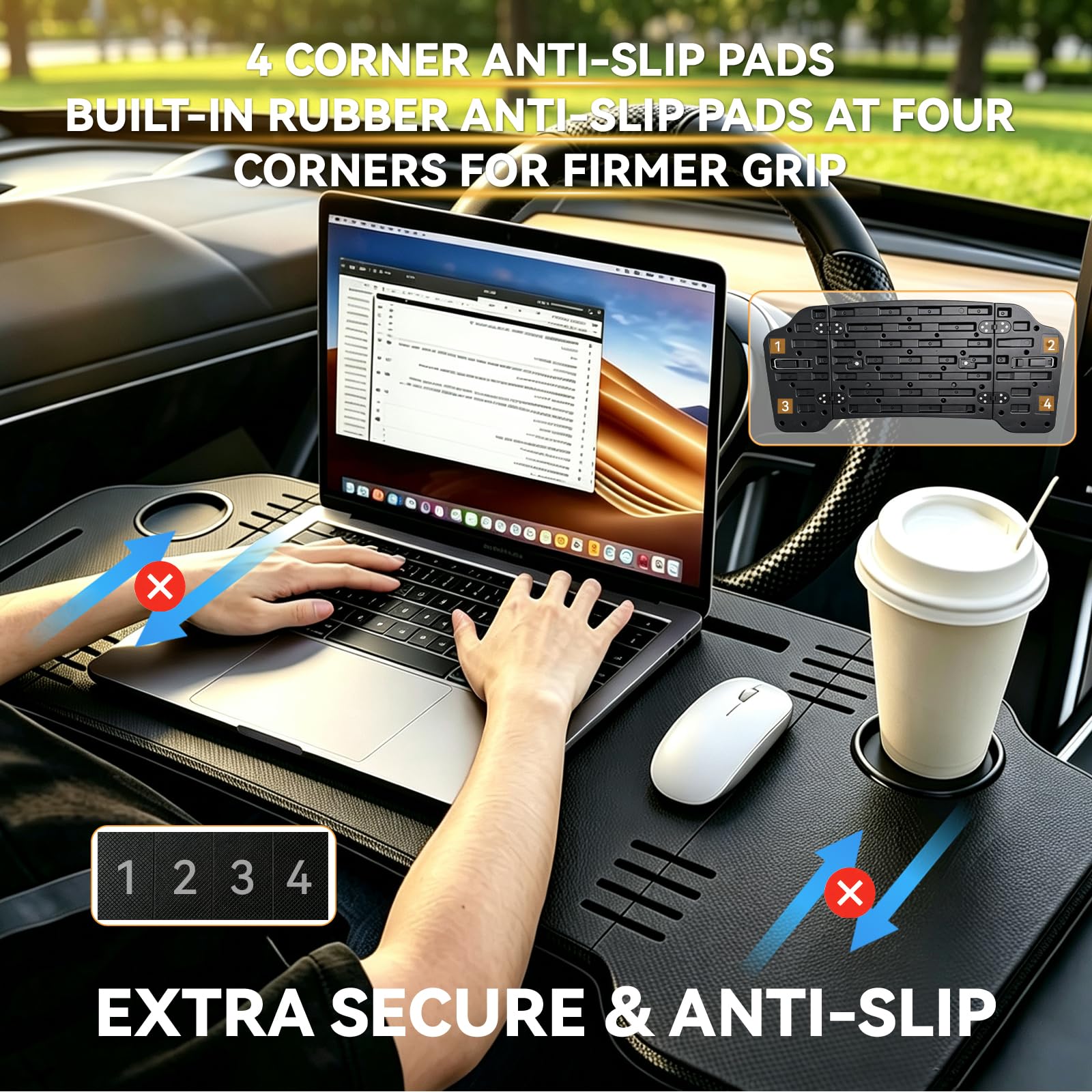 HOACHAN table mounted on steering wheel providing a stable workspace parked