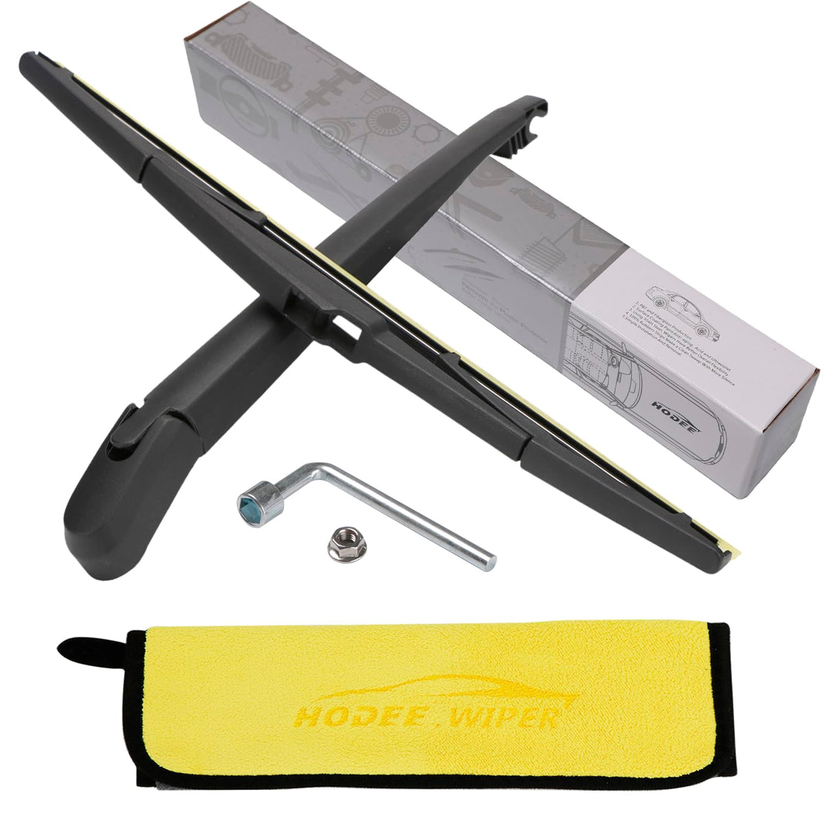 HODEE rear wiper front view showing complete arm and blade, clear replacement benefit