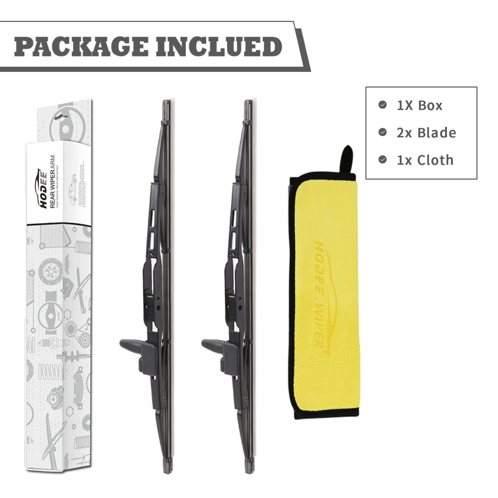 HODEE rear wiper next to towel and ruler illustrating size and included cleaning cloth
