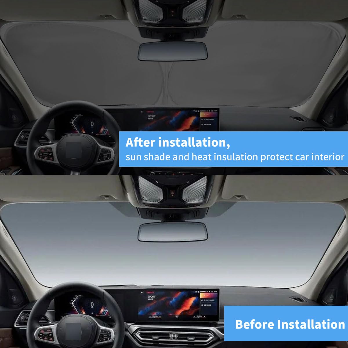 HOHUIGO installed sunshade inside BMW X3 illustrating cooler cabin benefit