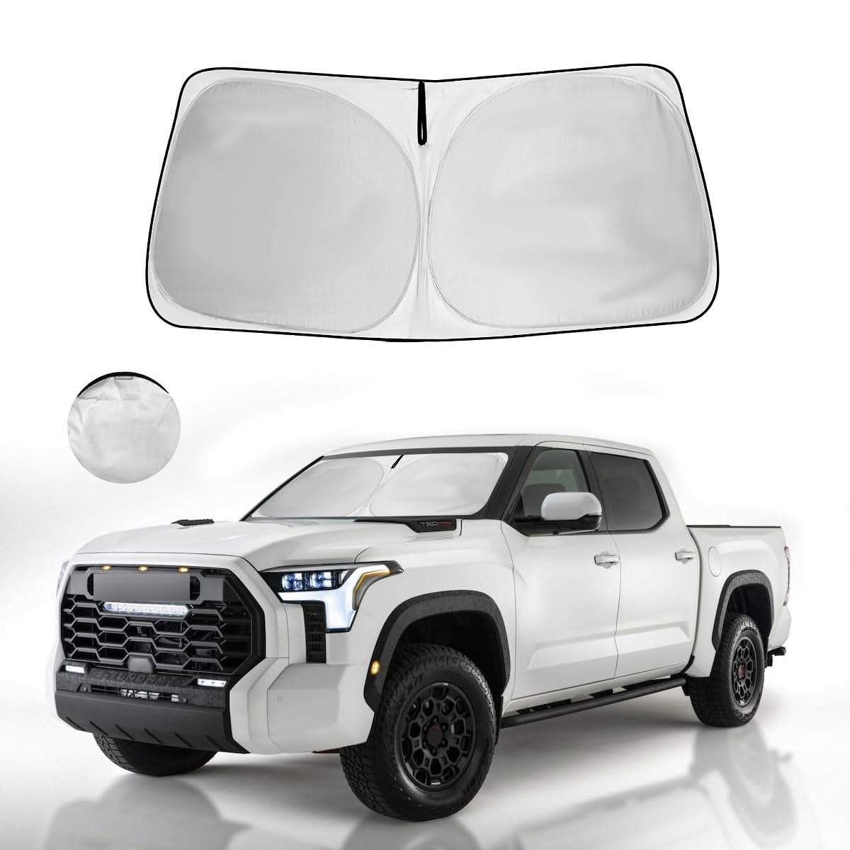 HOHUIGO front windshiled shade showing exact fit for Toyota Tundra, protects interior from heat