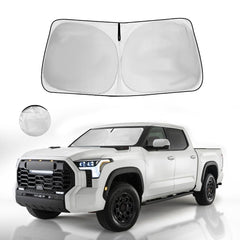 HOHUIGO front windshiled shade showing exact fit for Toyota Tundra, protects interior from heat