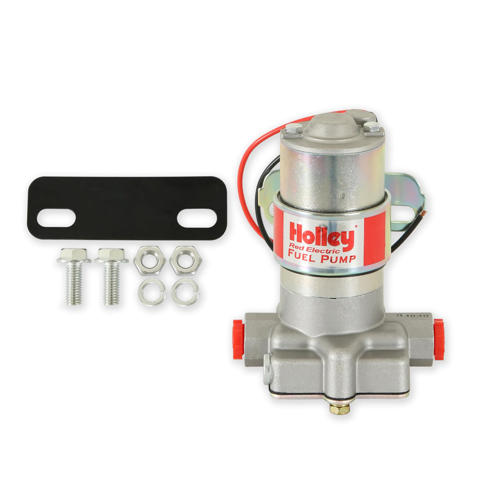 Holley RED fuel pump front view showing inlet outlet and compact design benefits
