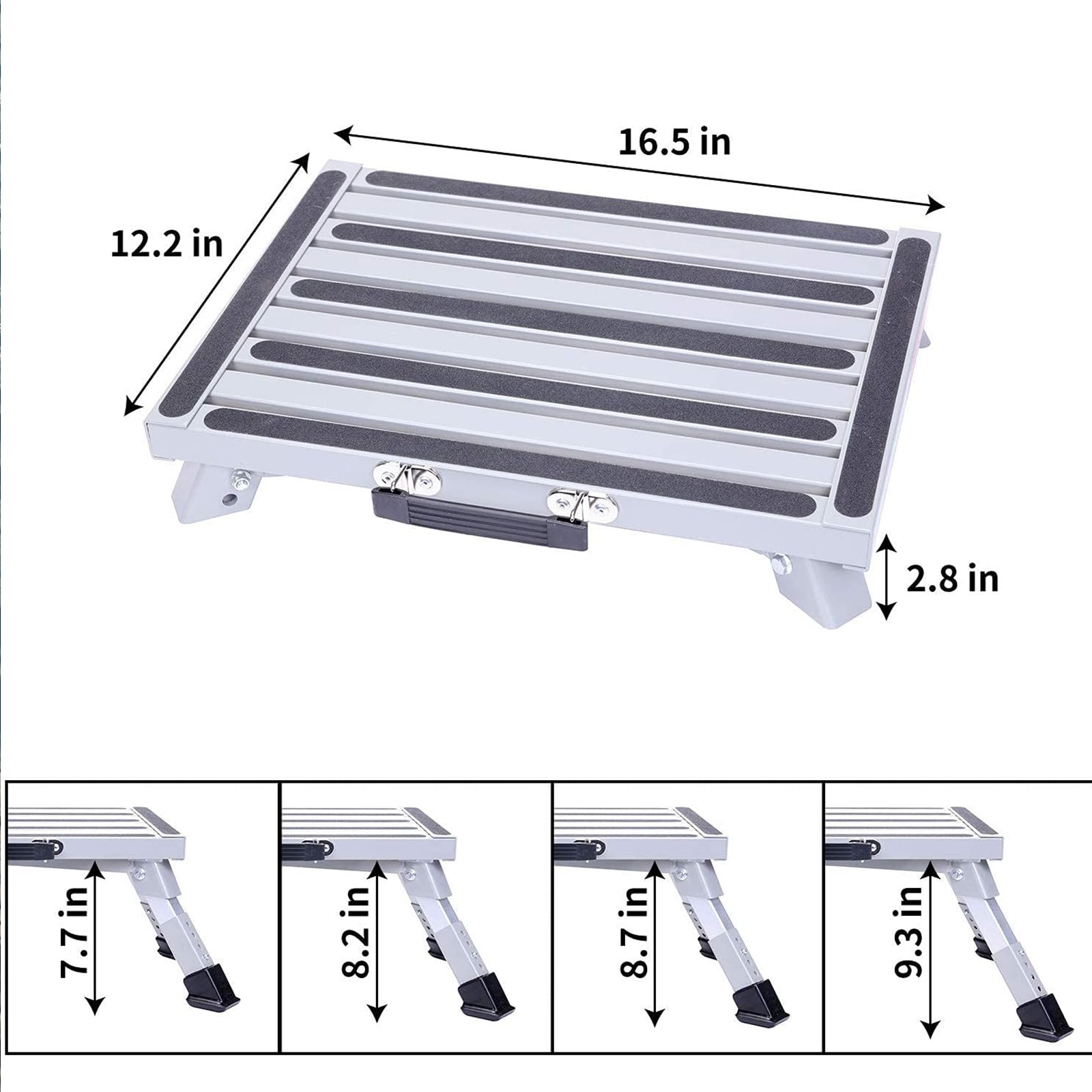 Homeon Wheels folded step stored under RV seat demonstrating space-saving convenience