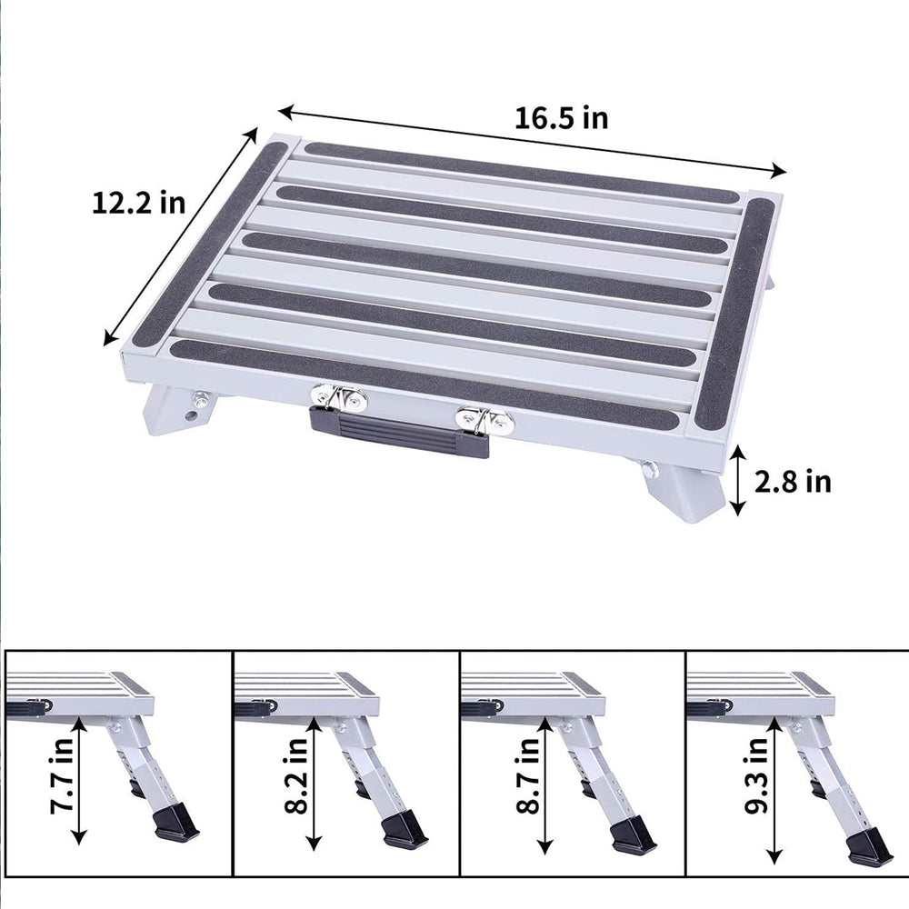Homeon Wheels folded step stored under RV seat demonstrating space-saving convenience
