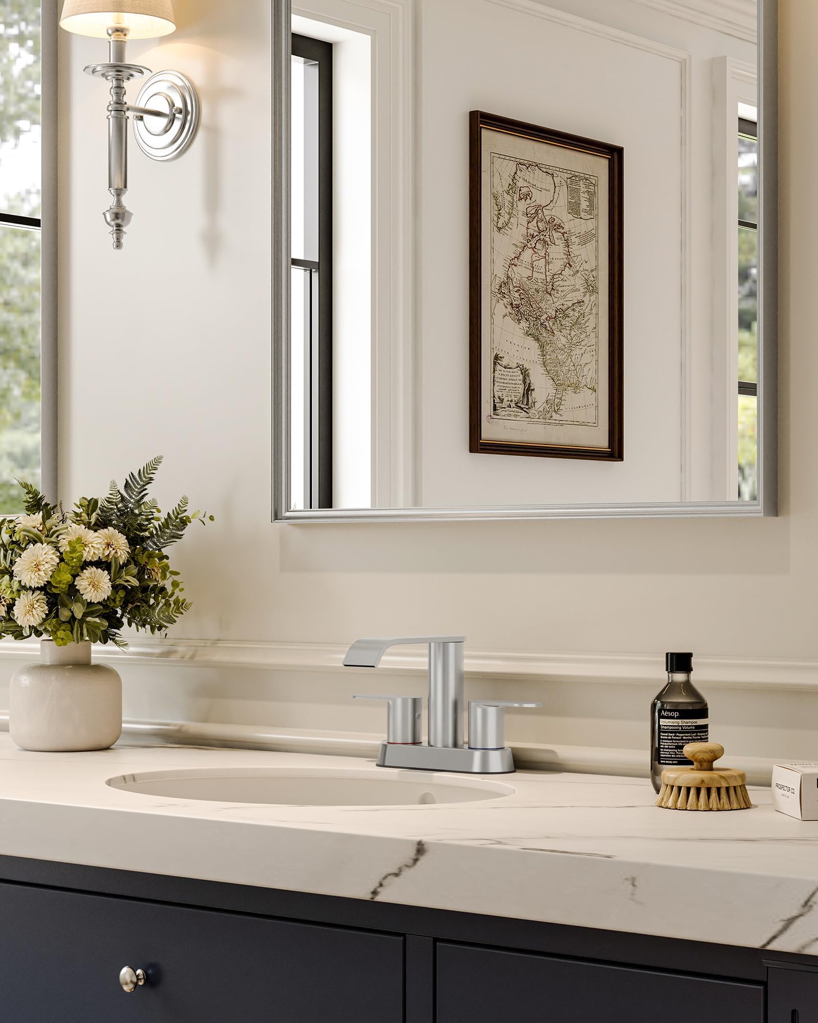 Homevacious faucet installed on a bathroom vanity demonstrating modern lifestyle appeal