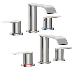 Homevacious front view of faucet set showing waterfall spouts and handles for modern style