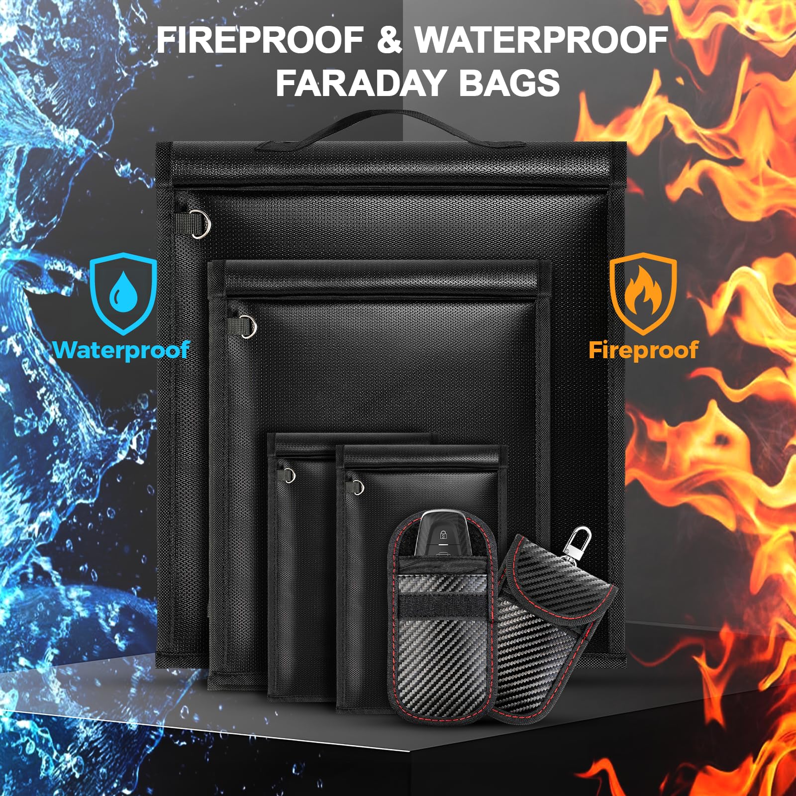 HONGDDY folded Faraday bags packed in a travel bag showing portability benefits