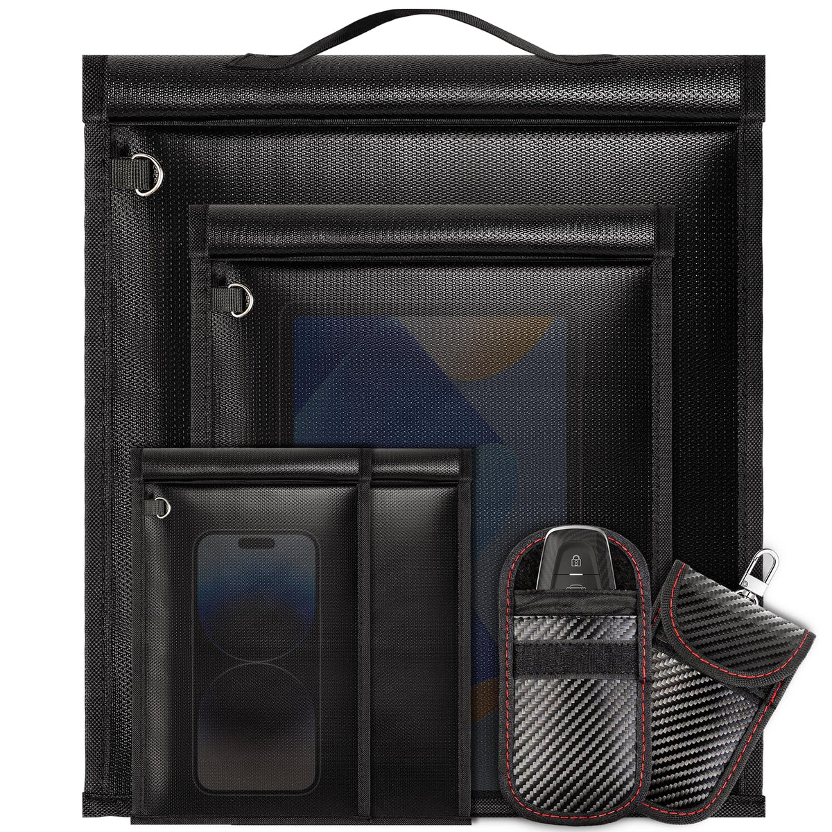 HONGDDY front view of 6-pack Faraday bags showing complete set and protective benefits