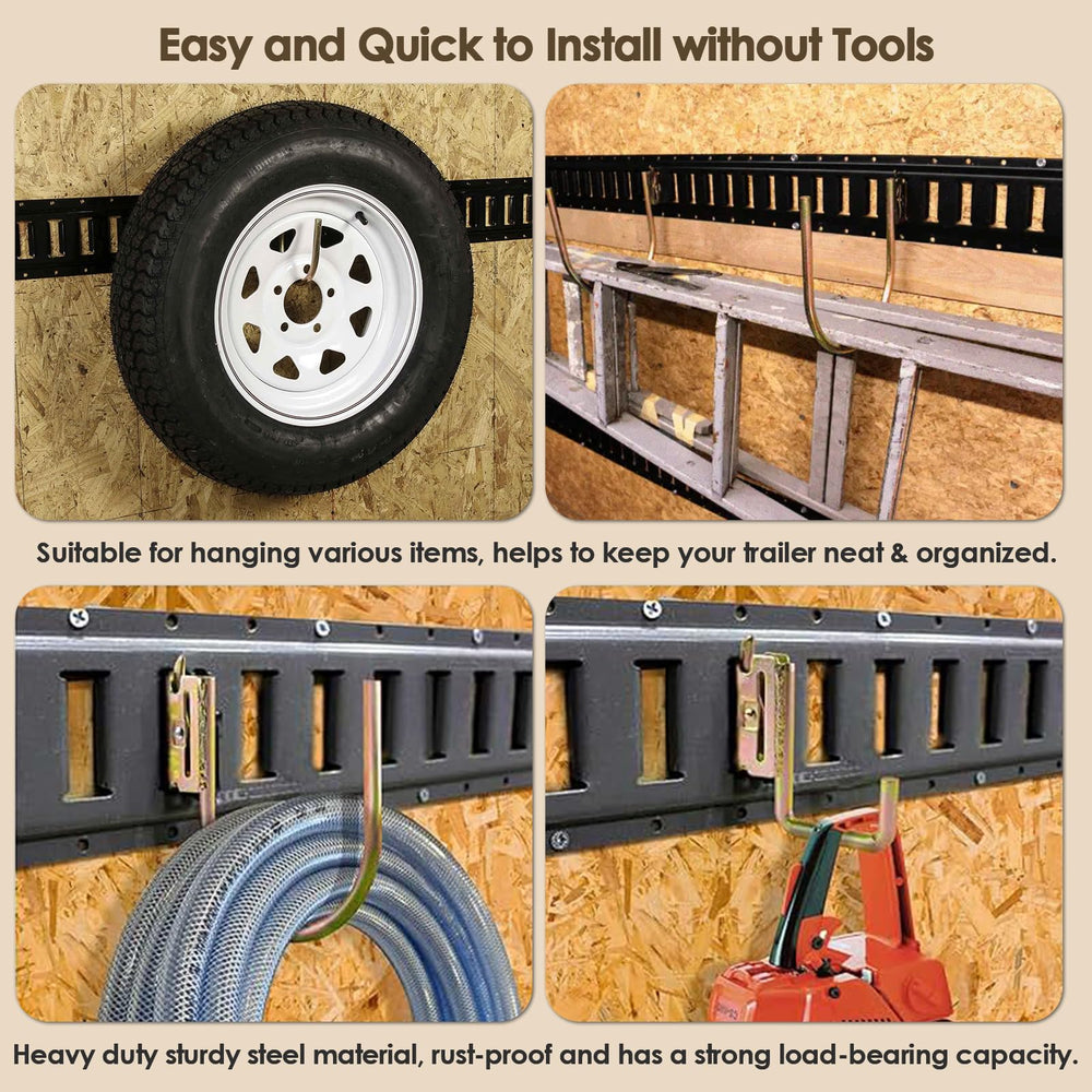 Hoowen hooks installed on a horizontal E-track rail for flexible layout