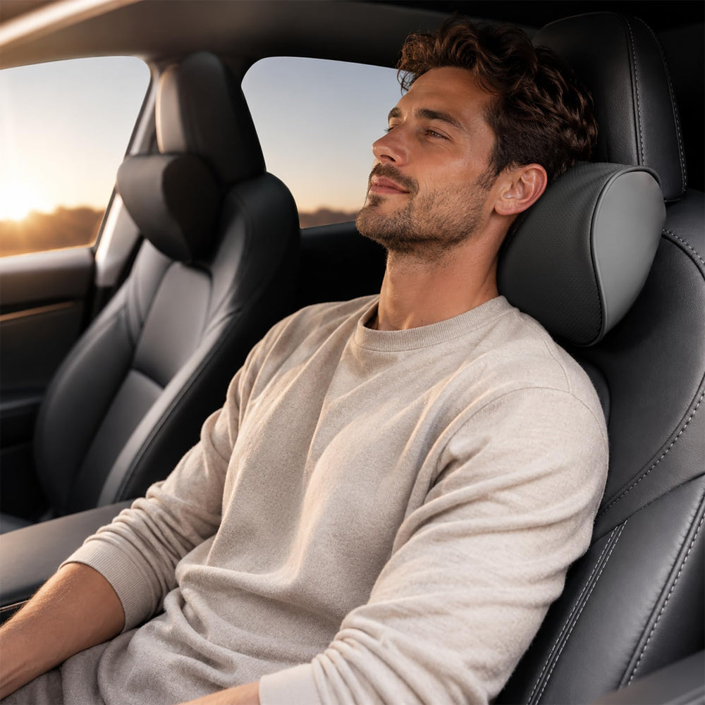 HOPON front view headrest pillow showing sleek leather and shape for improved support