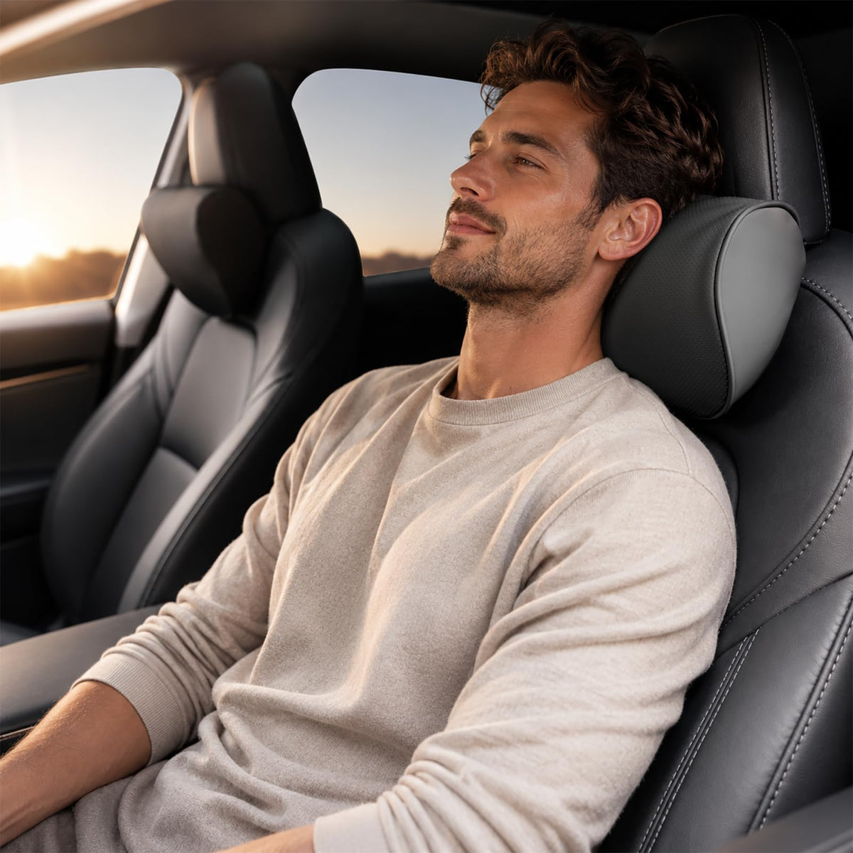 HOPON front view headrest pillow showing sleek leather and shape for improved support