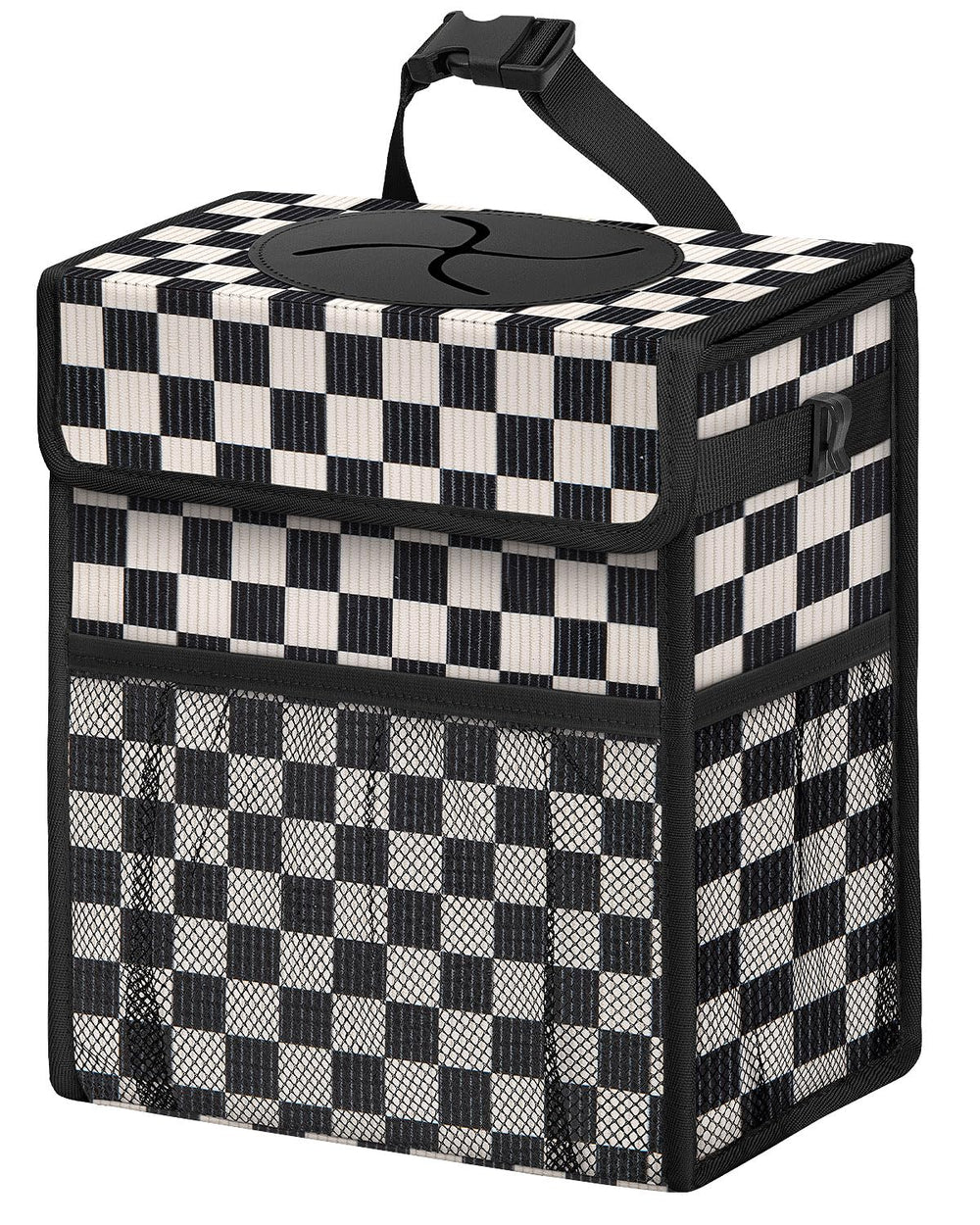 HORJONES front view of corduroy car trash can showing tidy design and lid benefit