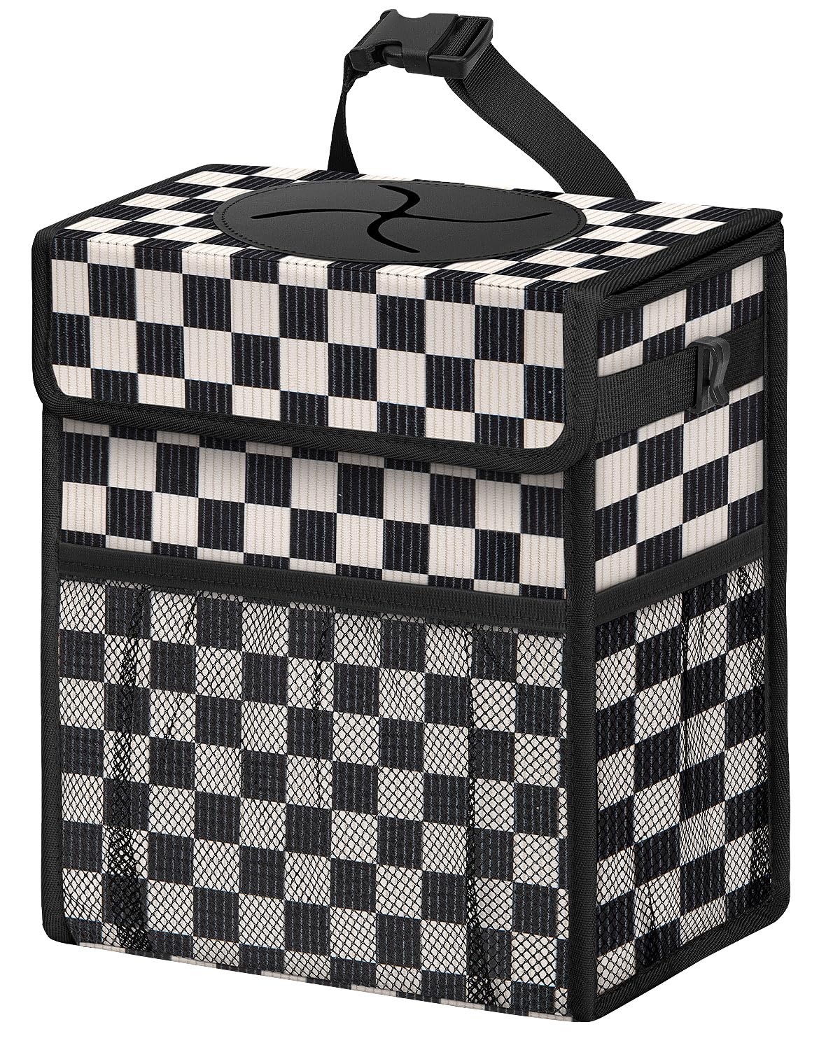 HORJONES front view of corduroy car trash can showing tidy design and lid benefit