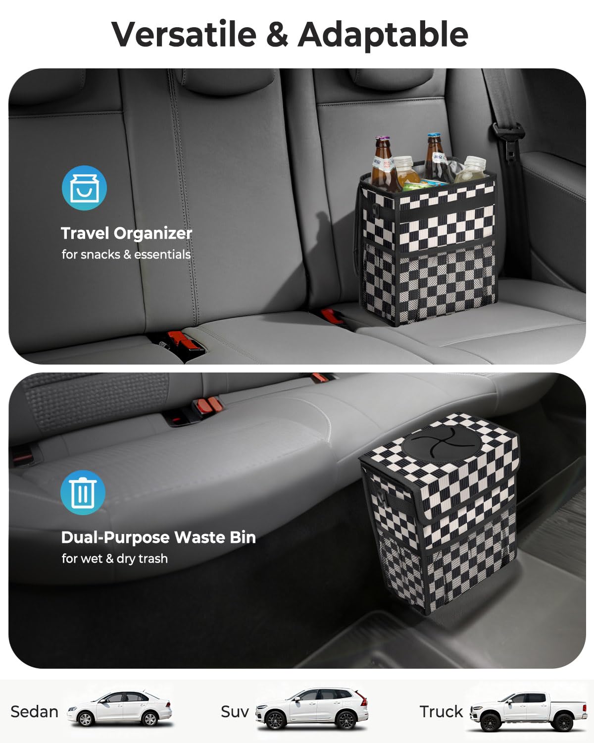 HORJONES hanging on headrest demonstrating universal fit and easy access benefit