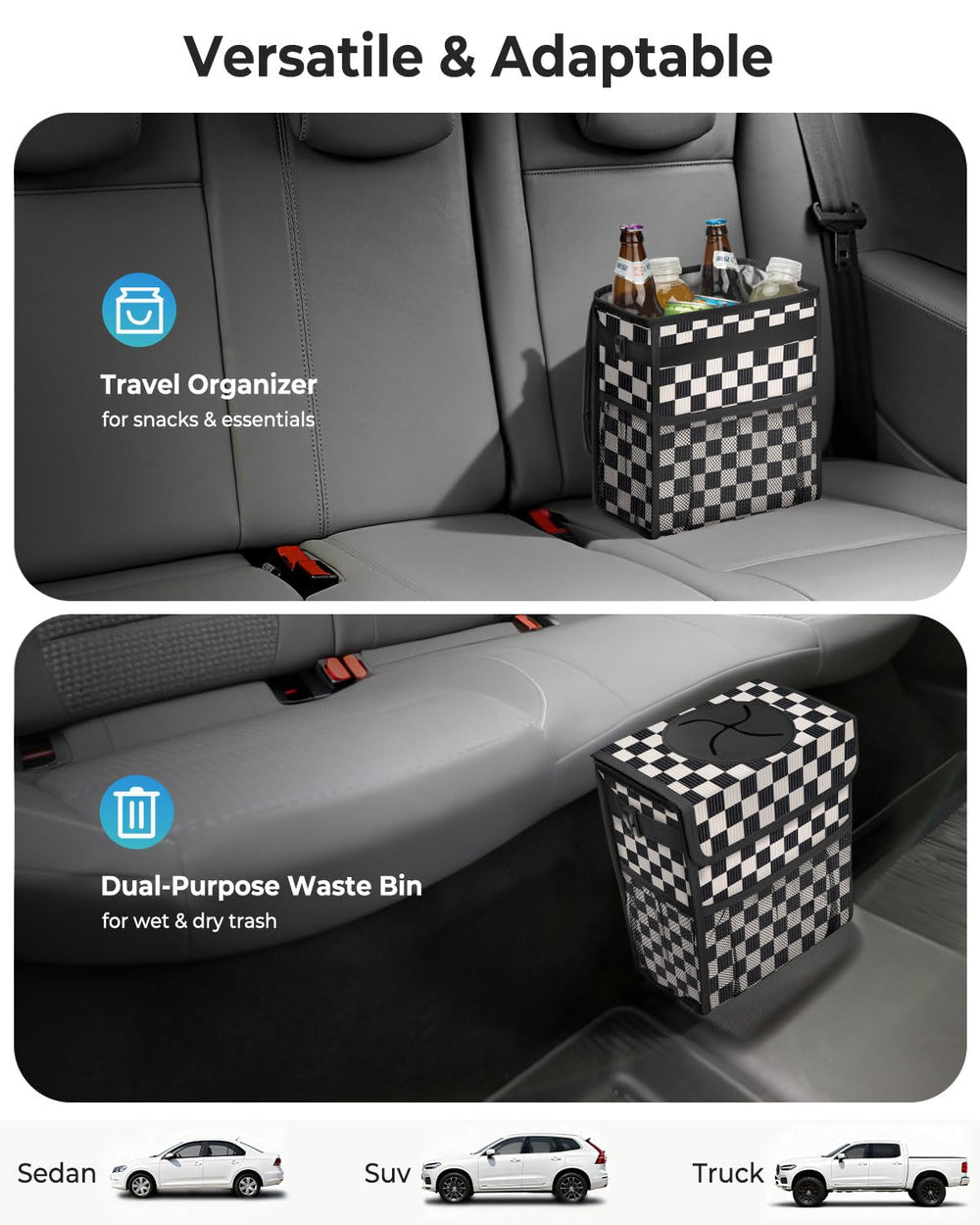 HORJONES hanging on headrest demonstrating universal fit and easy access benefit