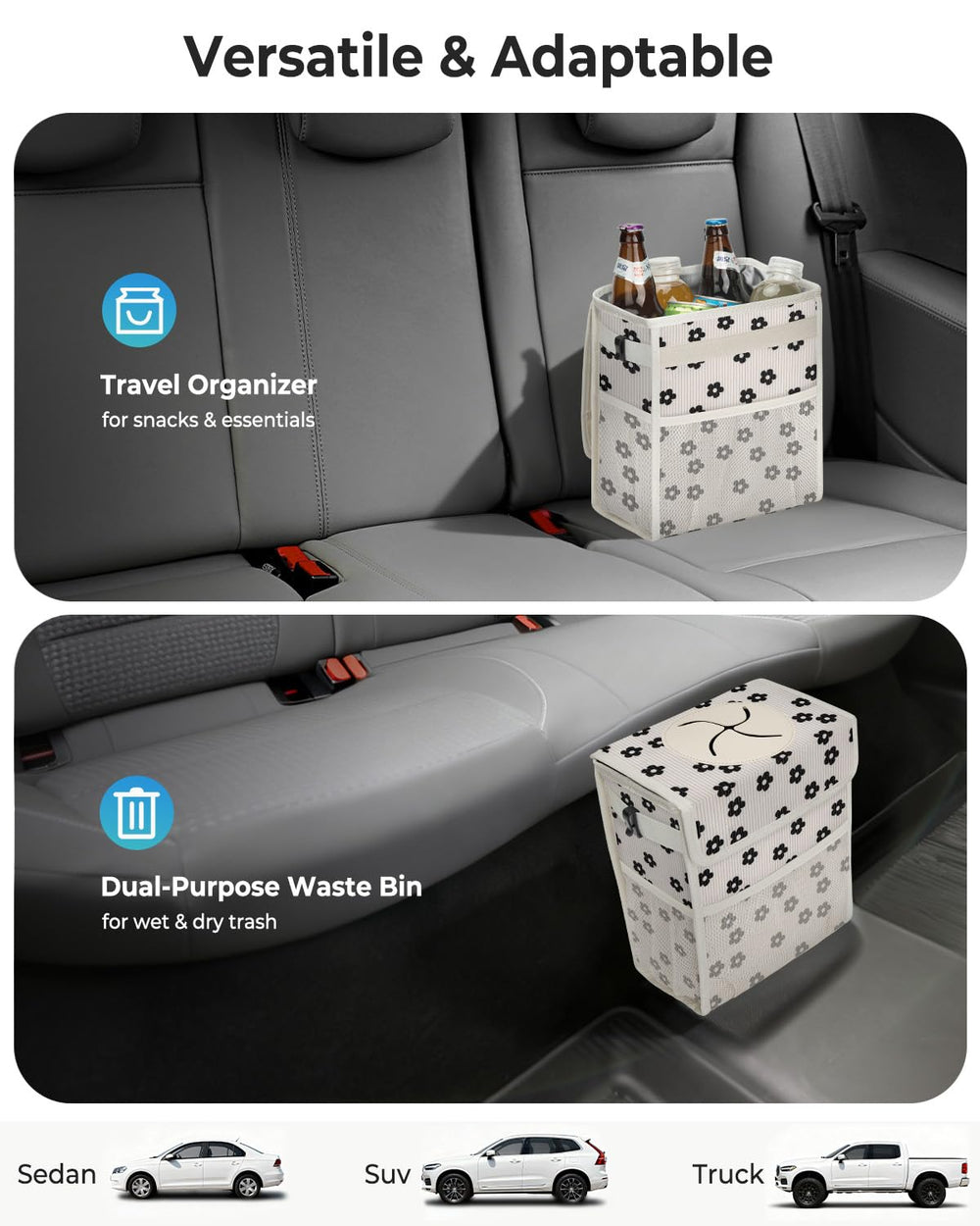 HORJONES hanging on headrest illustrating accessible placement and tidy car benefit