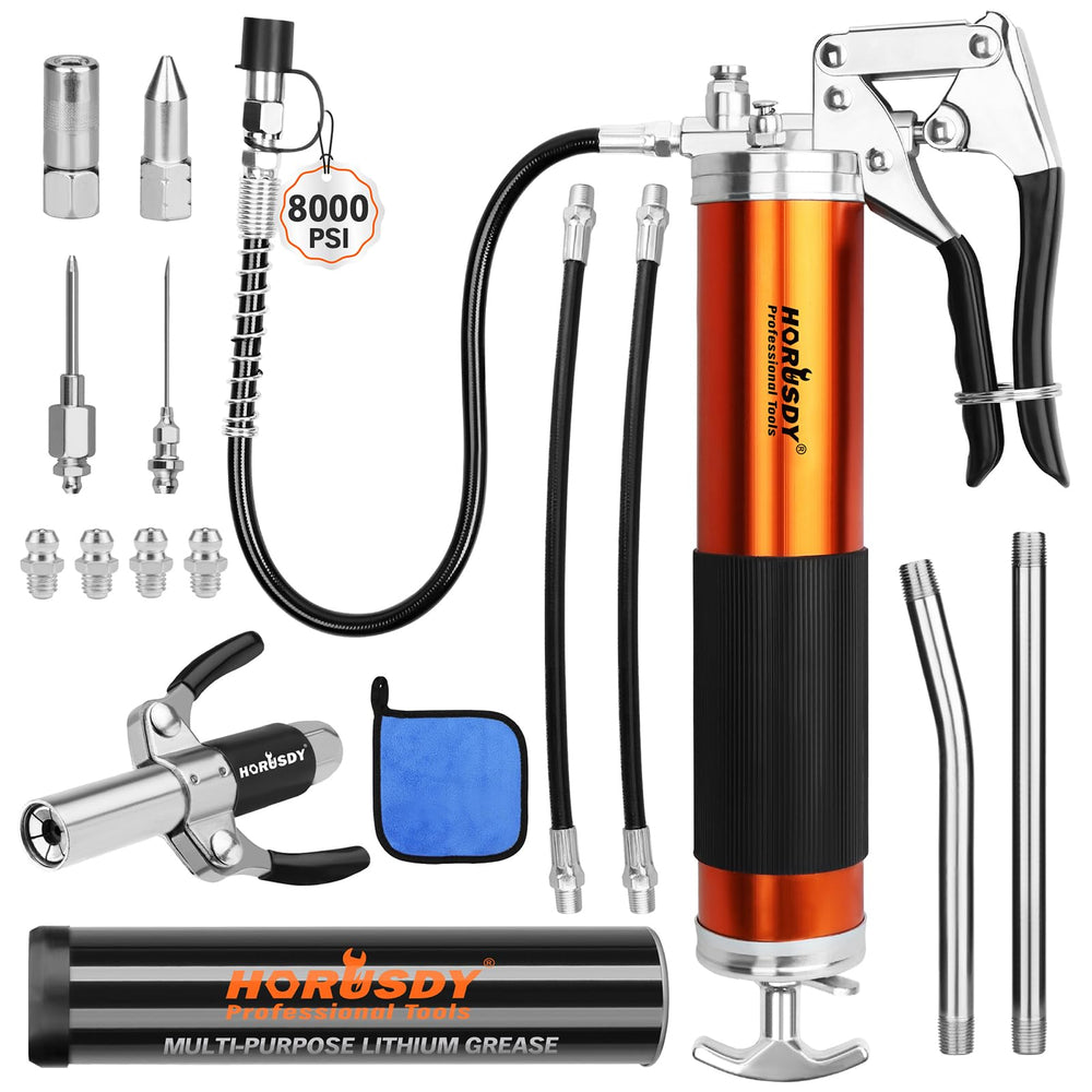 HORUSDY grease gun front view showing durable body and easy operation
