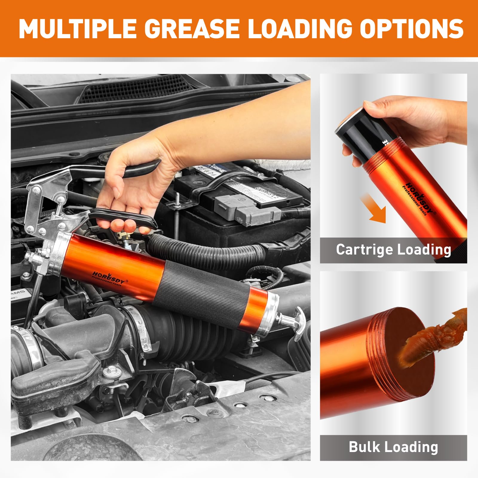 HORUSDY grease gun applying grease to tractor zerk fitting for reliability