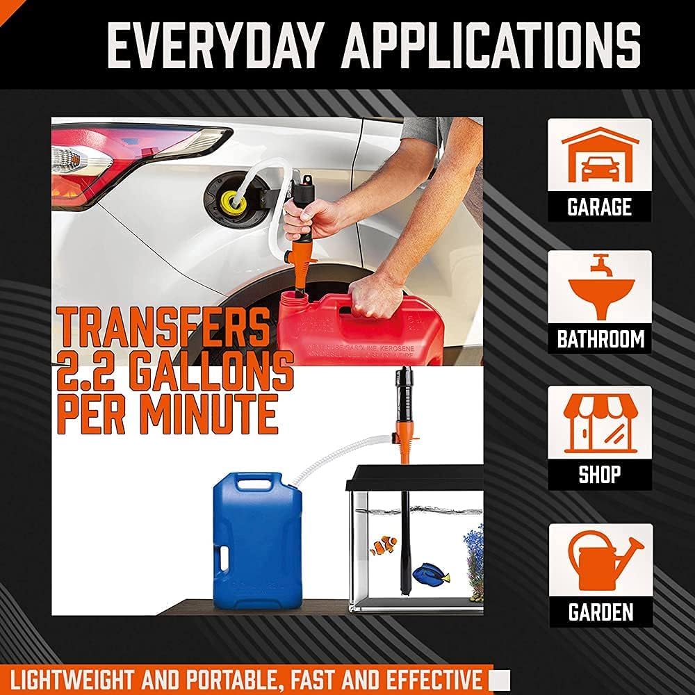 HORUSDY pump in use refueling a lawnmower for quick, spill-reducing fueling
