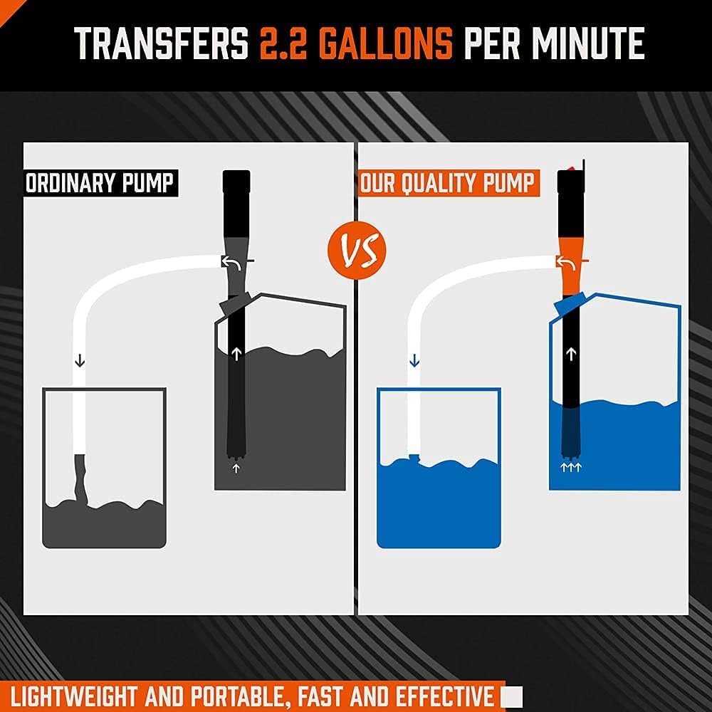 HORUSDY next to a 5-gallon gas can showing suction tube length and scale