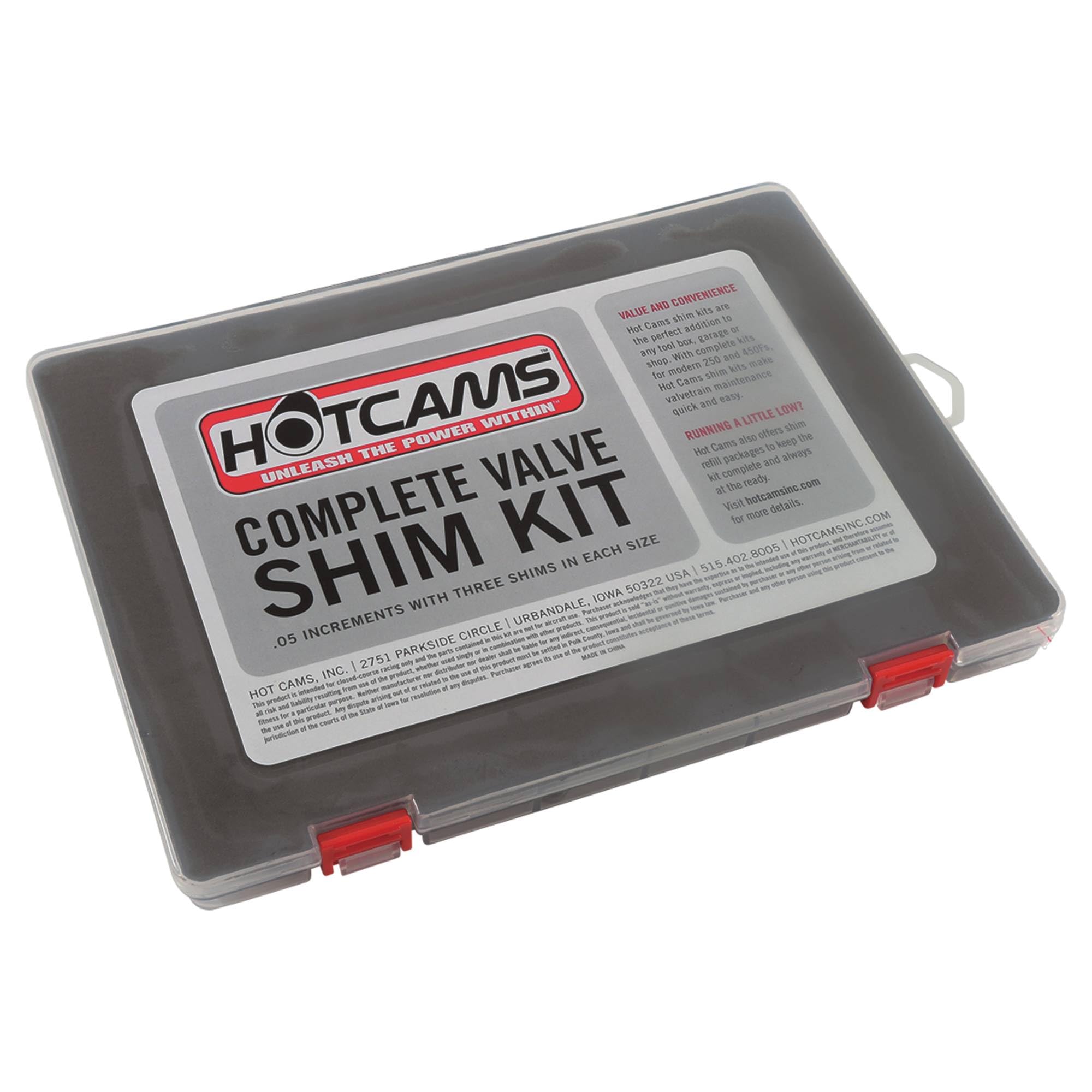 Hot Cams shim kit front packaging showing full contents and model coverage benefit