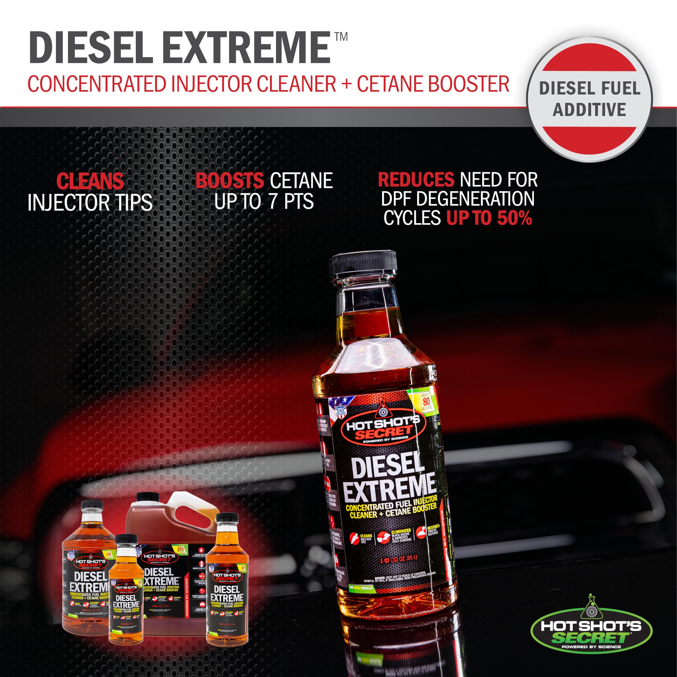 Hot Shot's Secret next to a fuel nozzle showing convenient 16 oz size